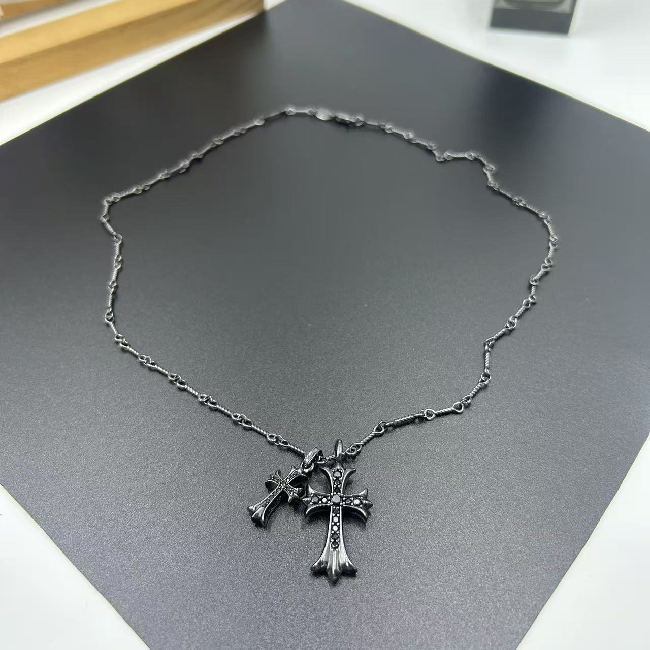 CHROME HEARTS BLACK DIAMOND DOUBLE CROSS LAYERED NECKLACE