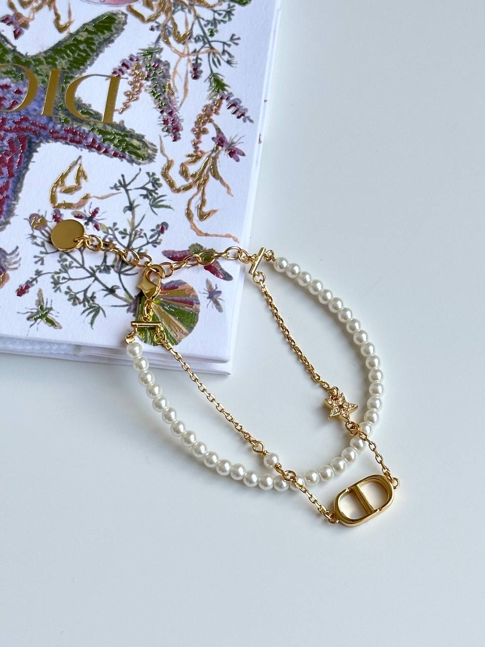 Dior Classic CD Logo Double Strand Faux Pearl Crystal Star Gold Bracelet