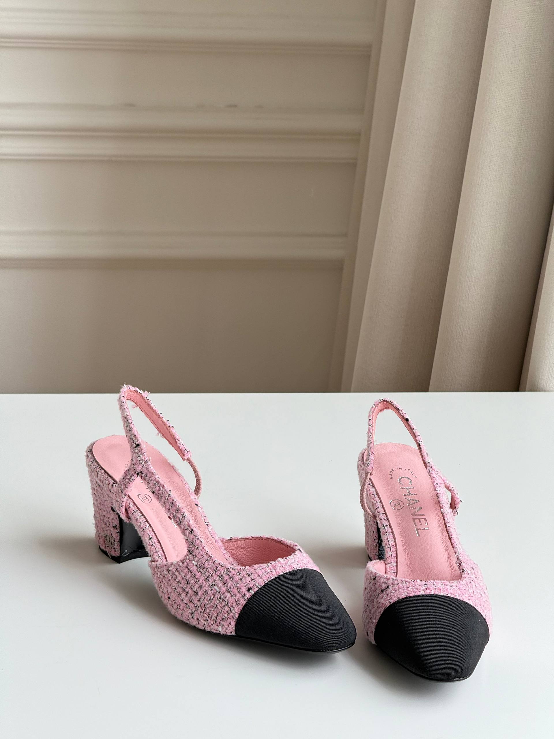 Chanel Two-Tone Tweed Slingback Block Heel Sandals