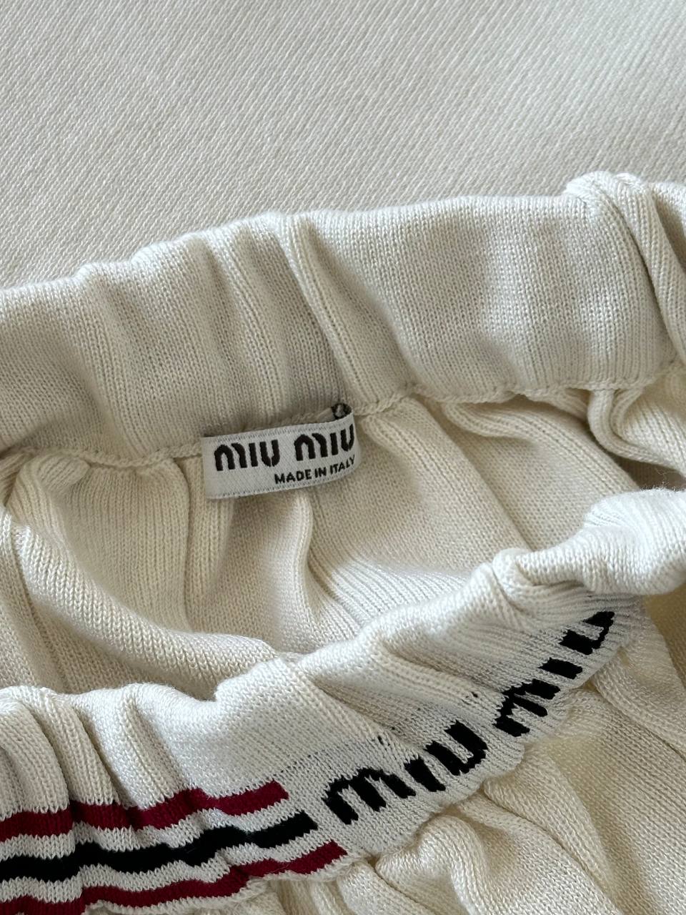 Miu Miu Cream Striped Trim Letter Embroidery Knit Cami Top & High Waist Pleated Skirt Two Piece Set