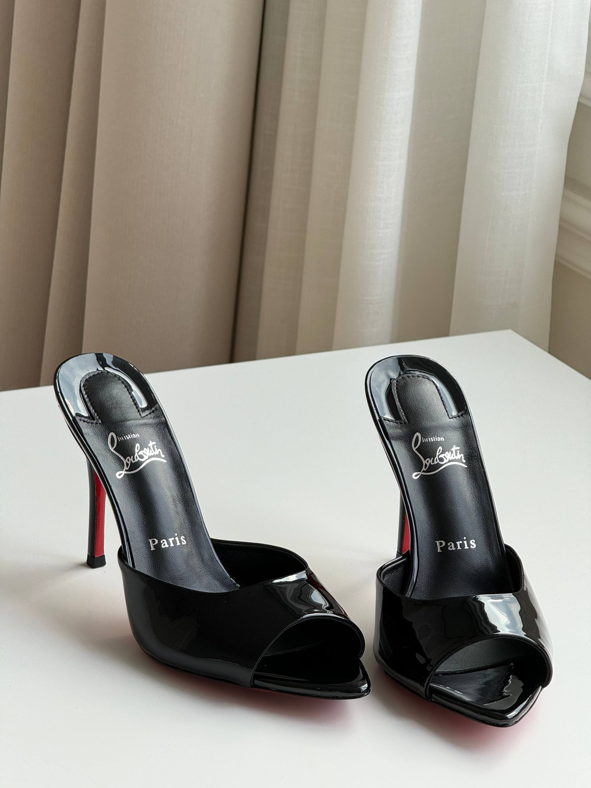 Christian Louboutin Black Patent Leather Peep Toe Red Sole Stiletto Mules