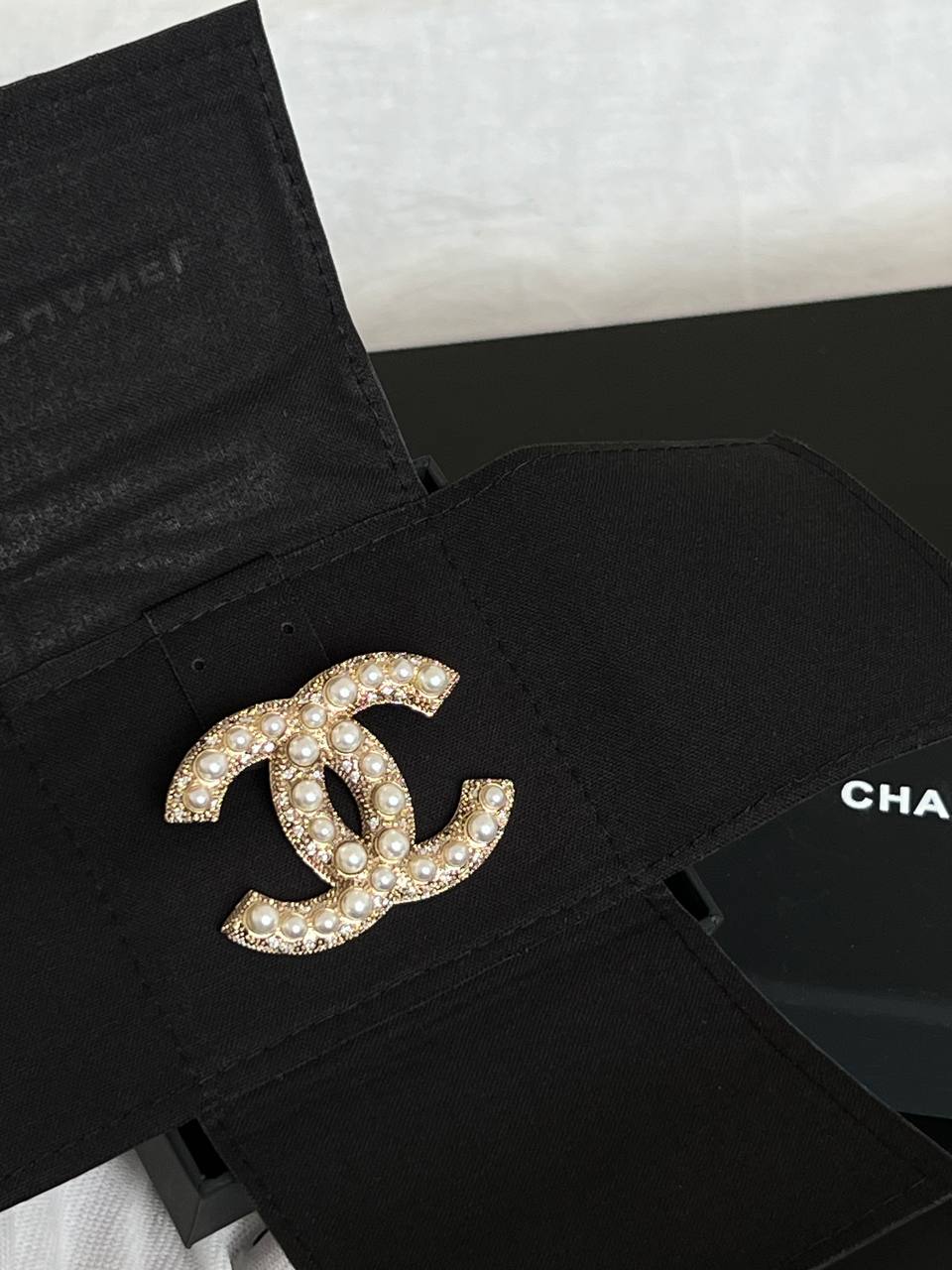 Chanel Vintage Gold Tone Pearl & Crystal Interlocking CC Brooch