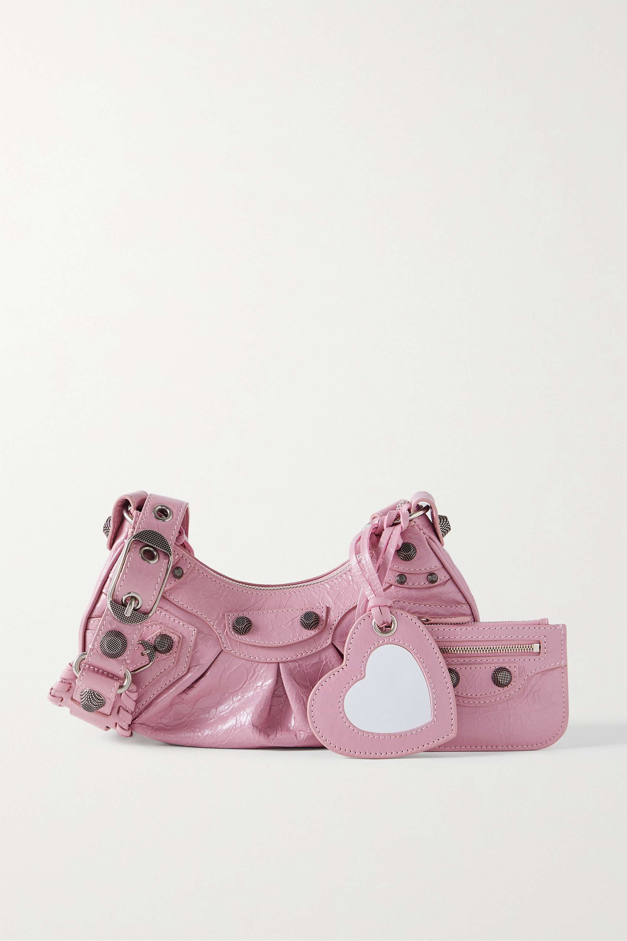 BALENCIAGA Le Cagole XS studded crinkled-leather shoulder bag pink