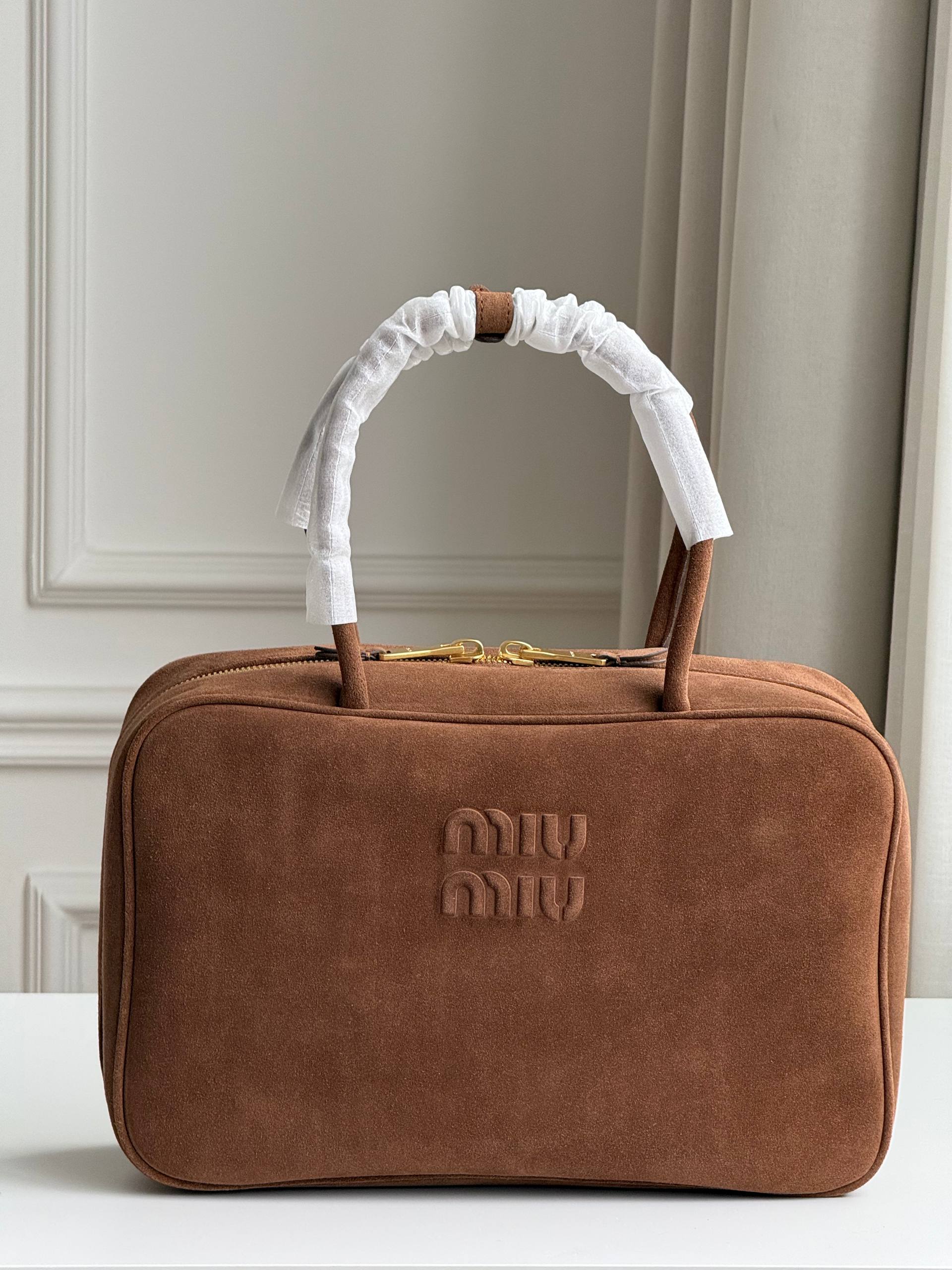 Miu Miu Brown Suede Embossed Logo Handheld Boston Cosmetic Bag