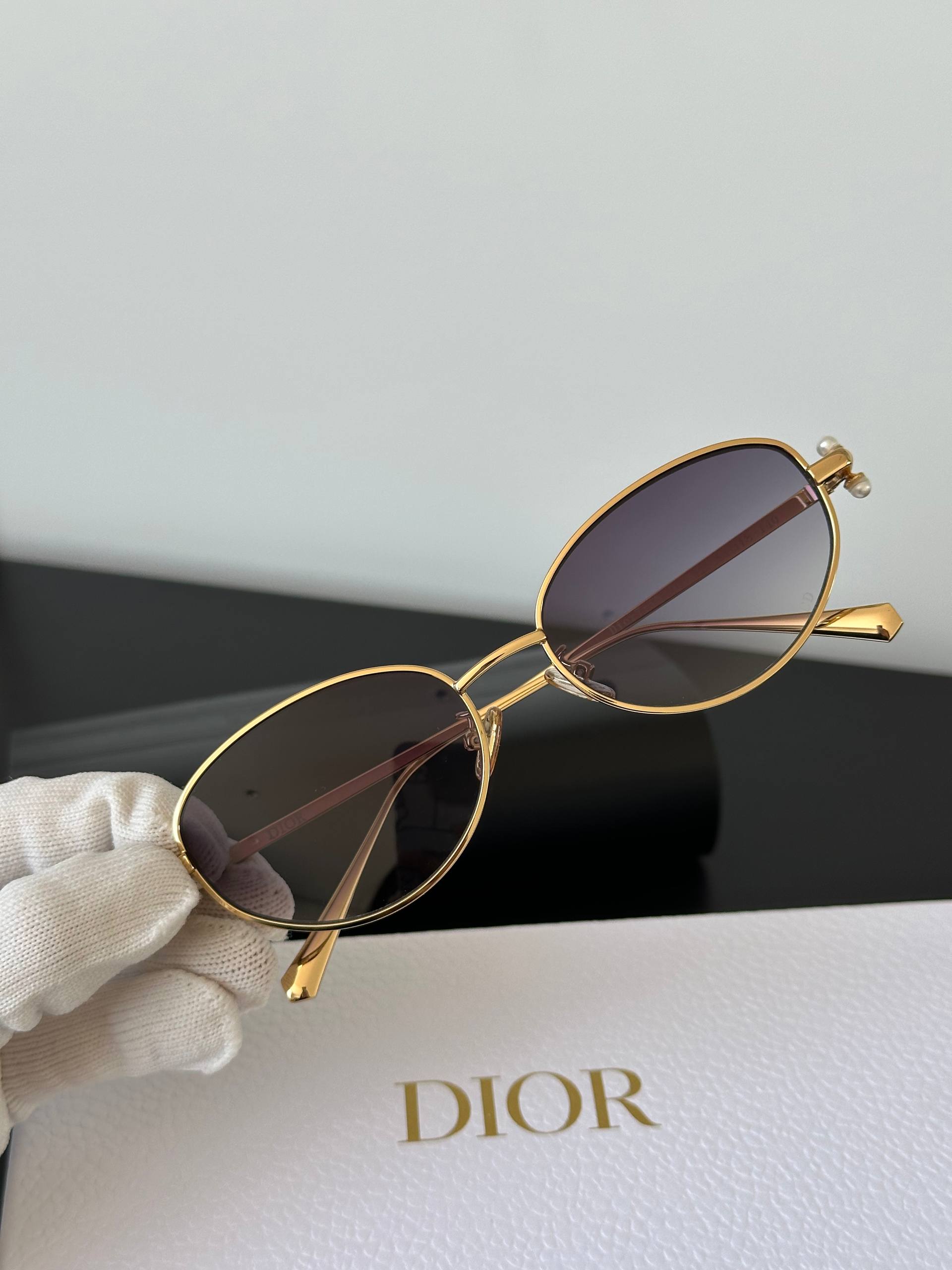 Dior Oval Metal Sunglasses with Pearl Detail