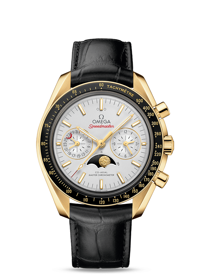 MOONPHASE CO‑AXIAL MASTER CHRONOMETER MOONPHASE CHRONOGRAPH 44.25 MM 304.63.44.52.02.001 FAVOURITES COMPARE Yellow gold on Leather strap