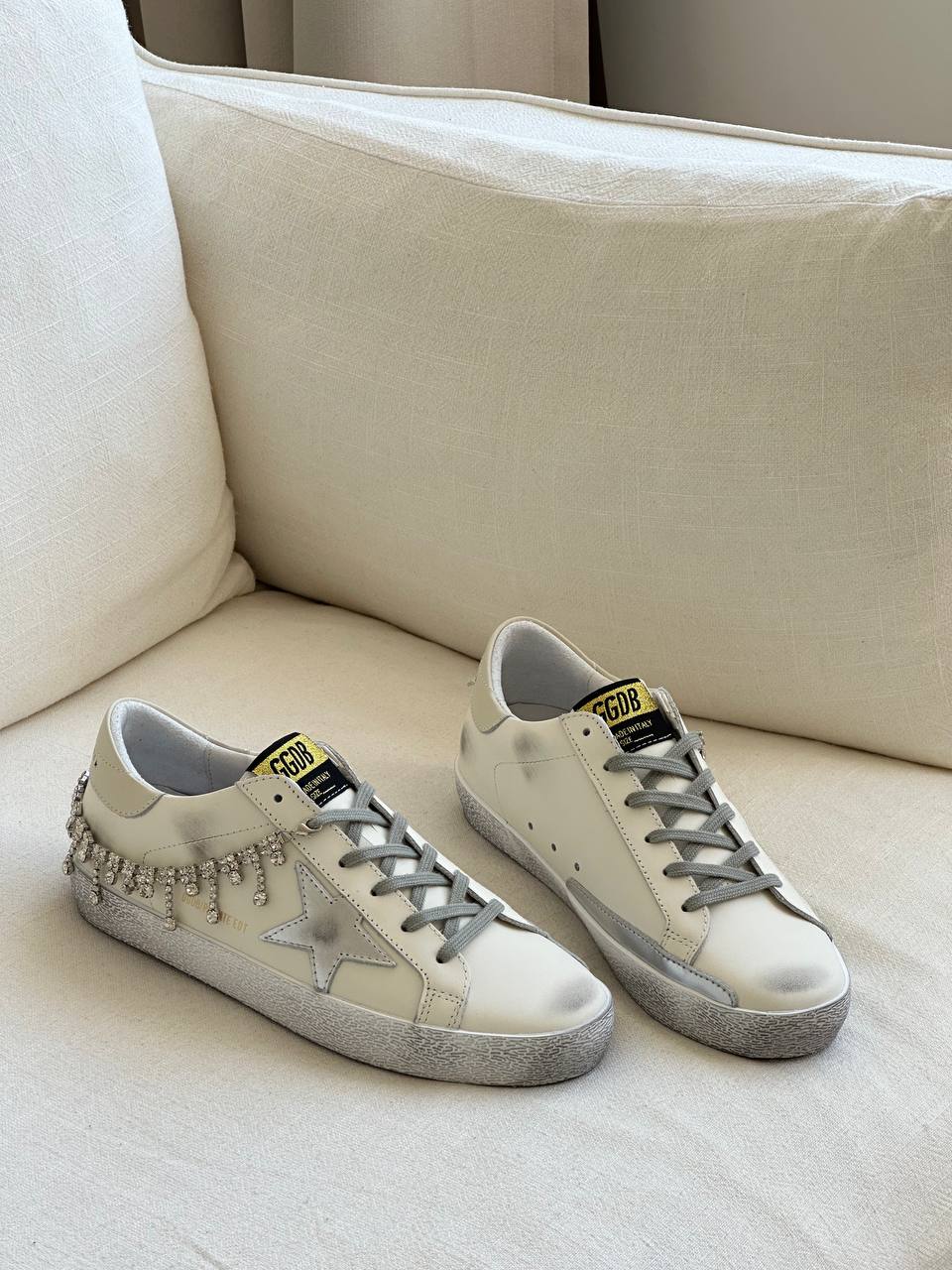 Golden Goose Super-star Crystal Tassel Distressed Star White Sneakers
