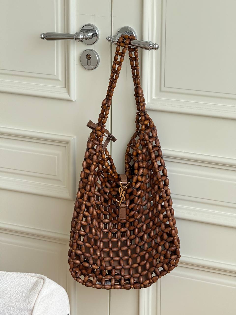 SAINT LAURENT LE 5 À 7 Large Wood Beaded Hobo Bag