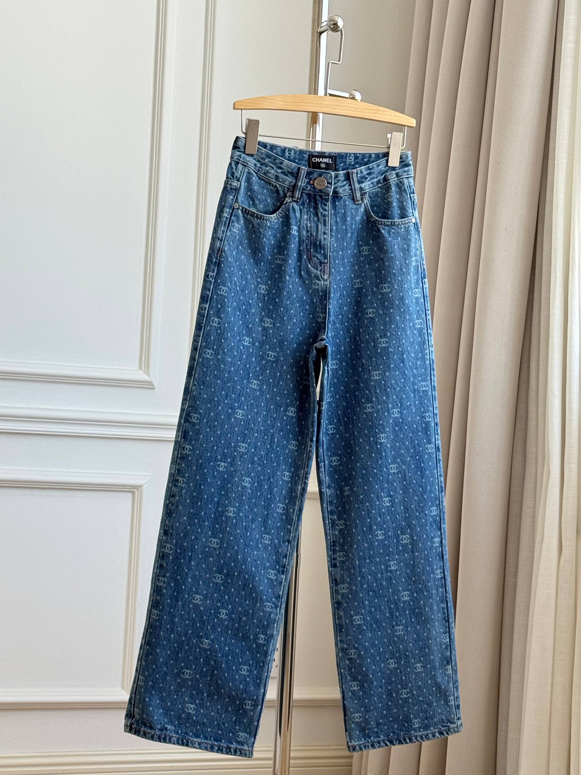 Chanel All-Over CC Monogram Print High-Waisted Wide-Leg Jeans