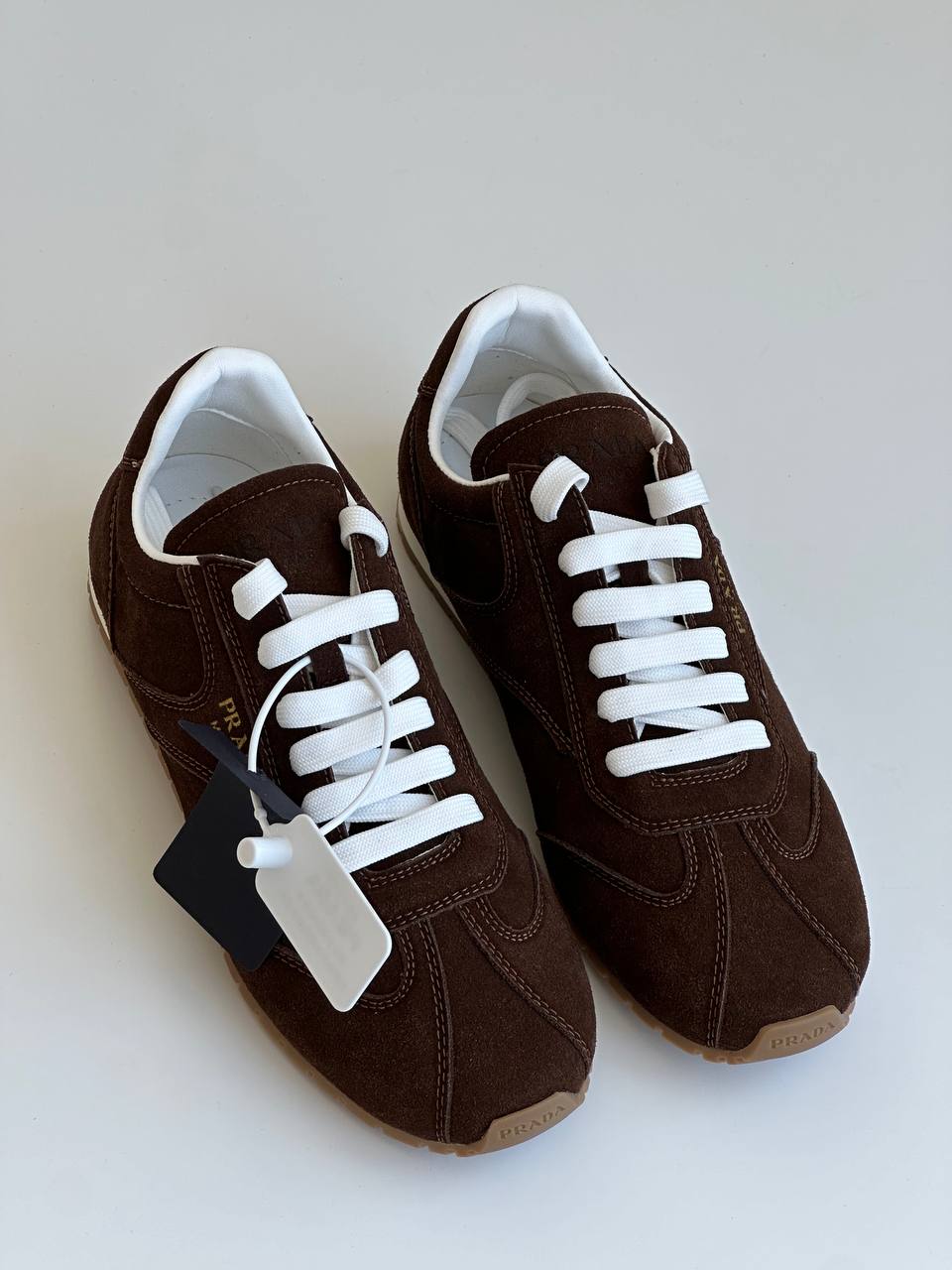 Prada Dark Brown Suede Leather Gold Letter Vintage Trainer Sneakers