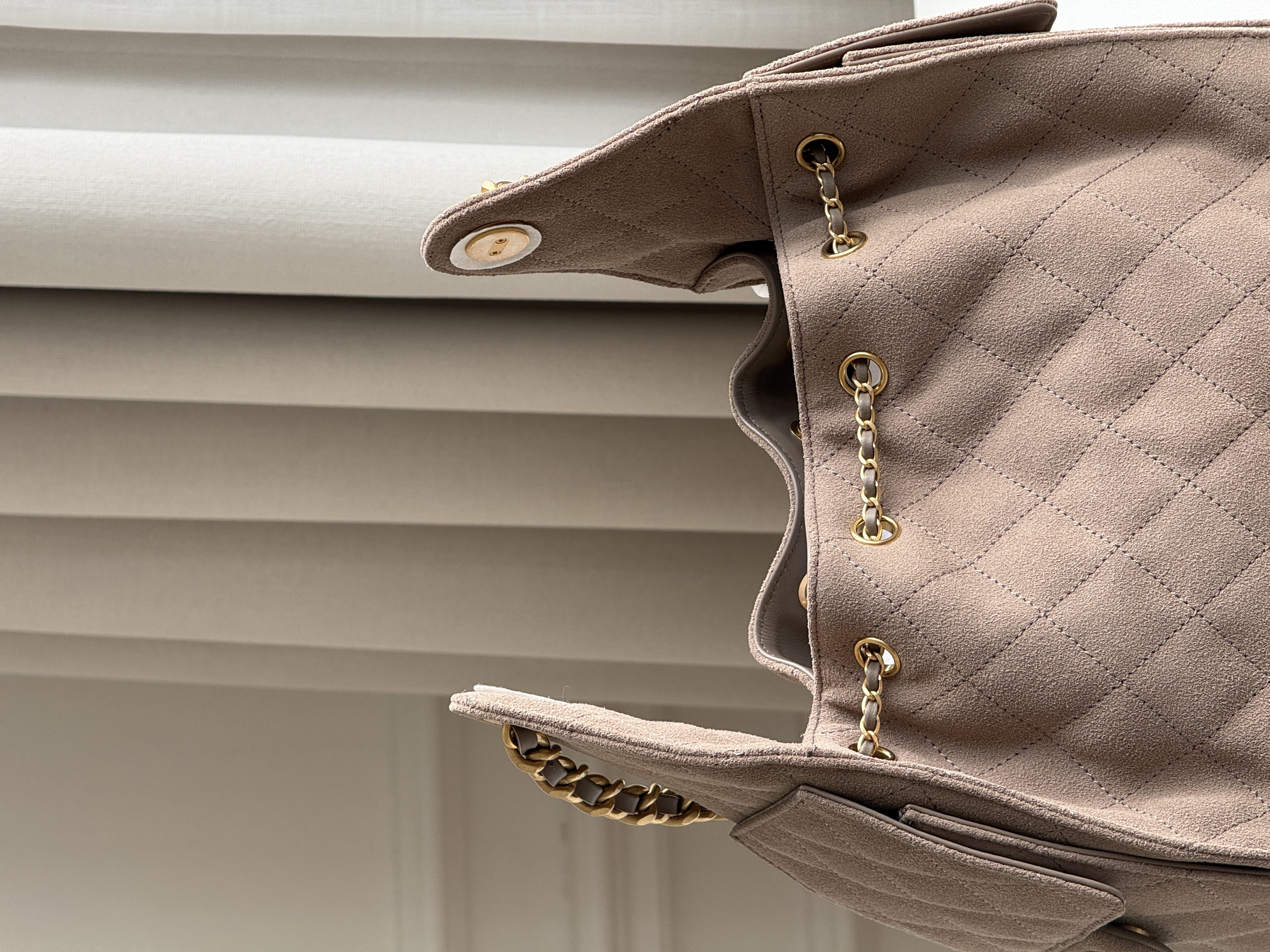 Chanel 25A Suede Quilted Drawstring Hobo Tote Bag