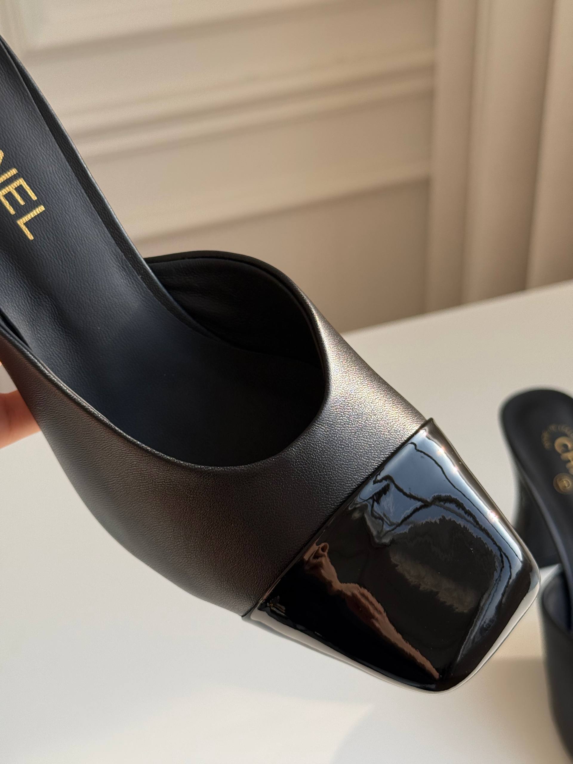 Chanel Two-Tone Square-Toe Block Heel Mules