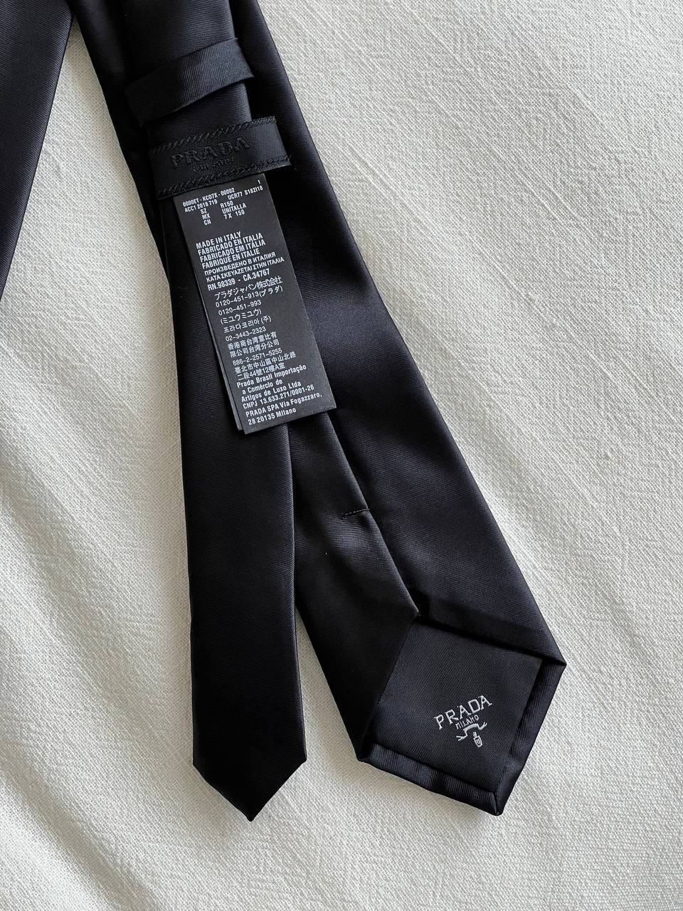 Prada Black Gloss Satin Narrow Necktie With Metal Triangle Logo Plaque