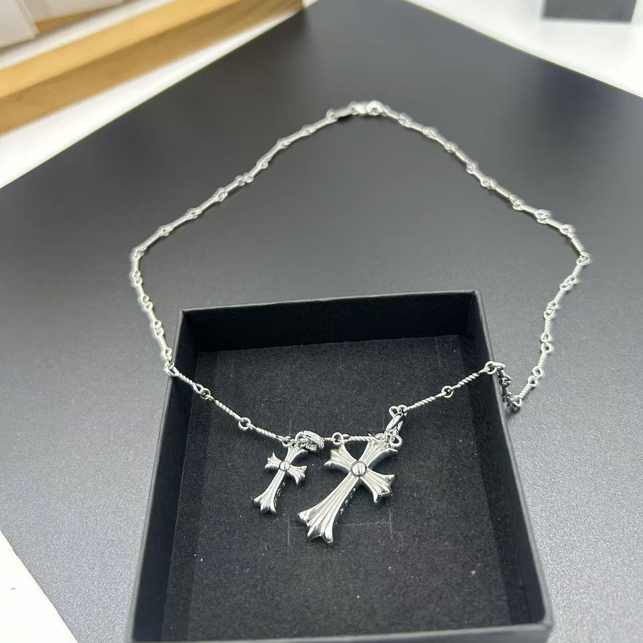 CHROME HEARTS GREEN DIAMOND DOUBLE CROSS LAYERED NECKLACE