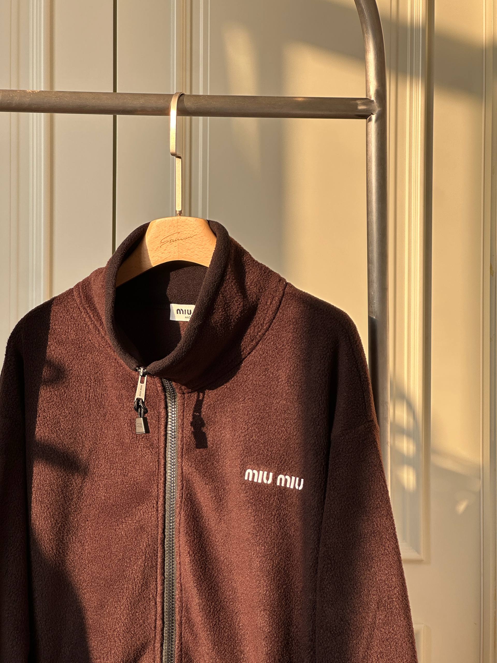 Miu Miu Stand Collar Fleece Zip Jacket with Chest Logo Embroidery