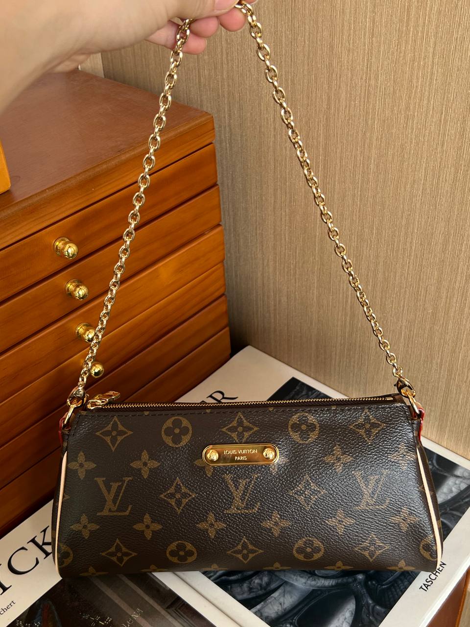 Louis Vuitton Monogram Zip Shoulder Bag with Gold Nameplate Chain Strap