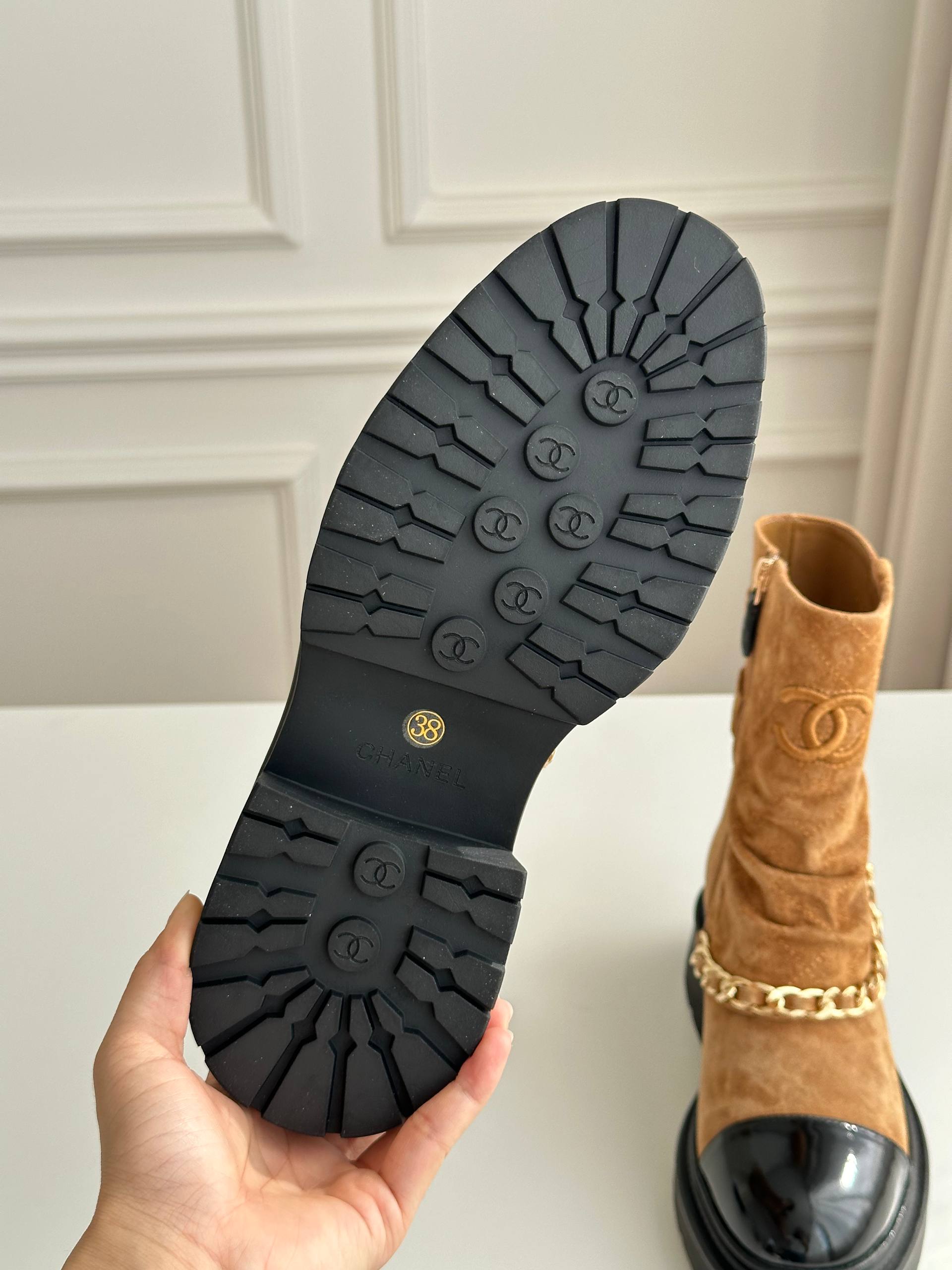 Chanel Quilted Suede & Patent Calfskin Cap-Toe Ankle Boots with Chain Detail