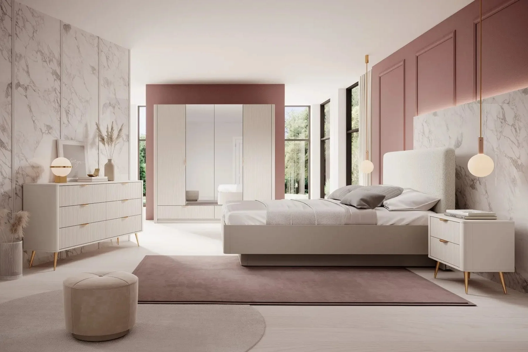 LANTEA - Chambre complète avec Lit coffre 160×200 cm, chevets intégré, commode et armoire