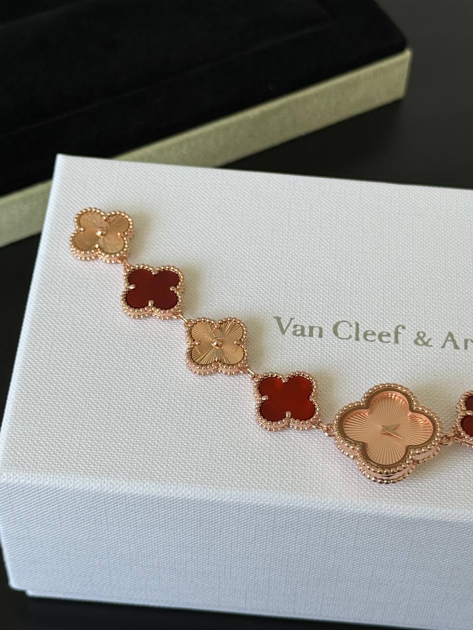 Van Cleef & Arpels Sweet Alhambra Carnelian and Guilloché Rose Gold Watch Bracelet