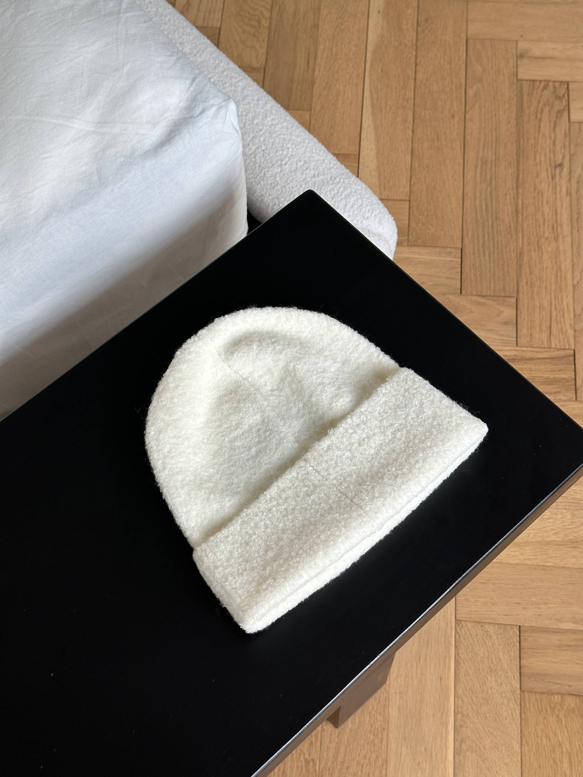 Chanel Off-white Cuffed Wool Blend CC Embroidery Beanie Hat