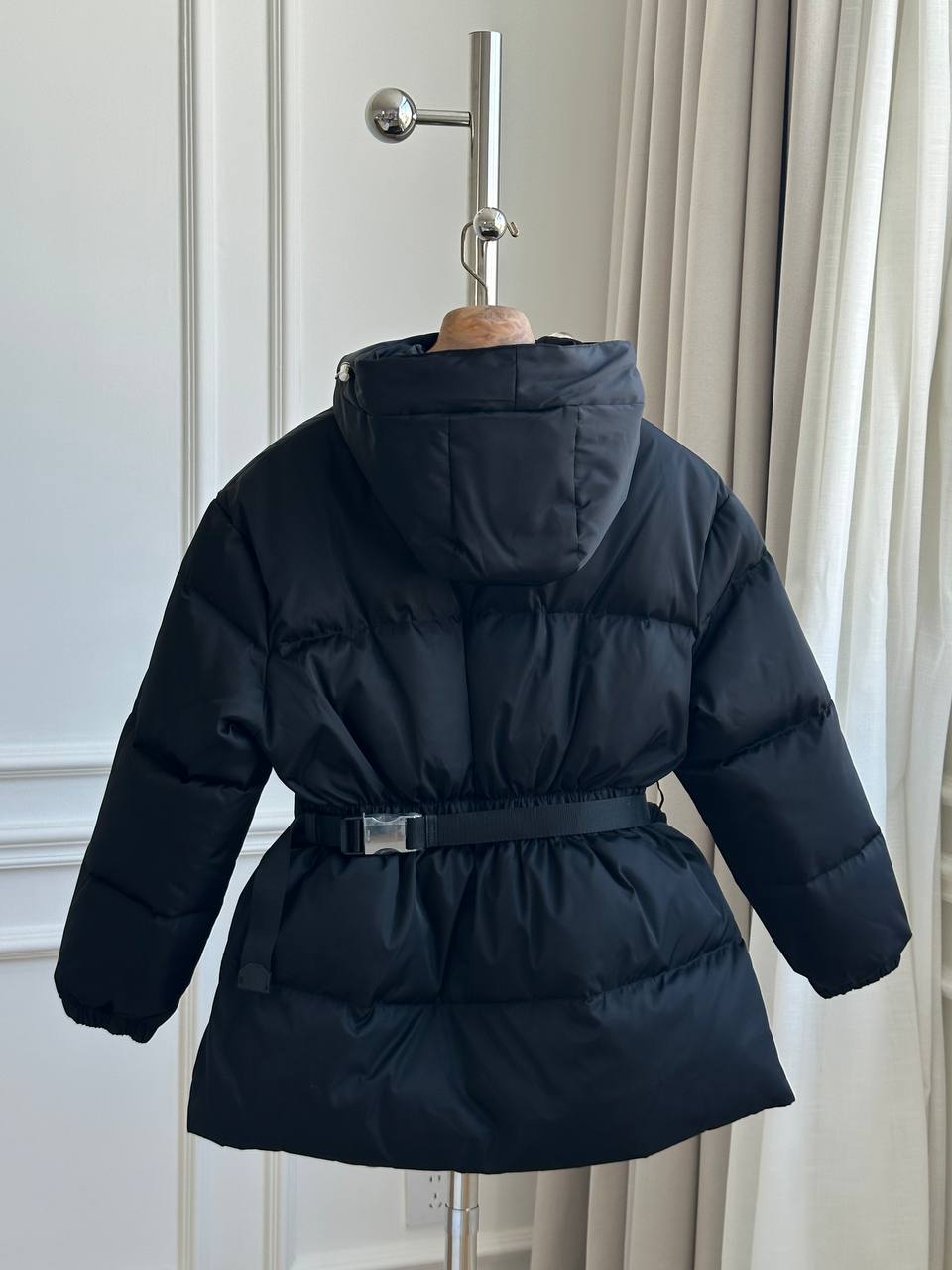 Prada Black Windproof Nylon Hooded Drawstring Waist Triangle Logo Mid-Length Down Jacket With Matching Waist Bag