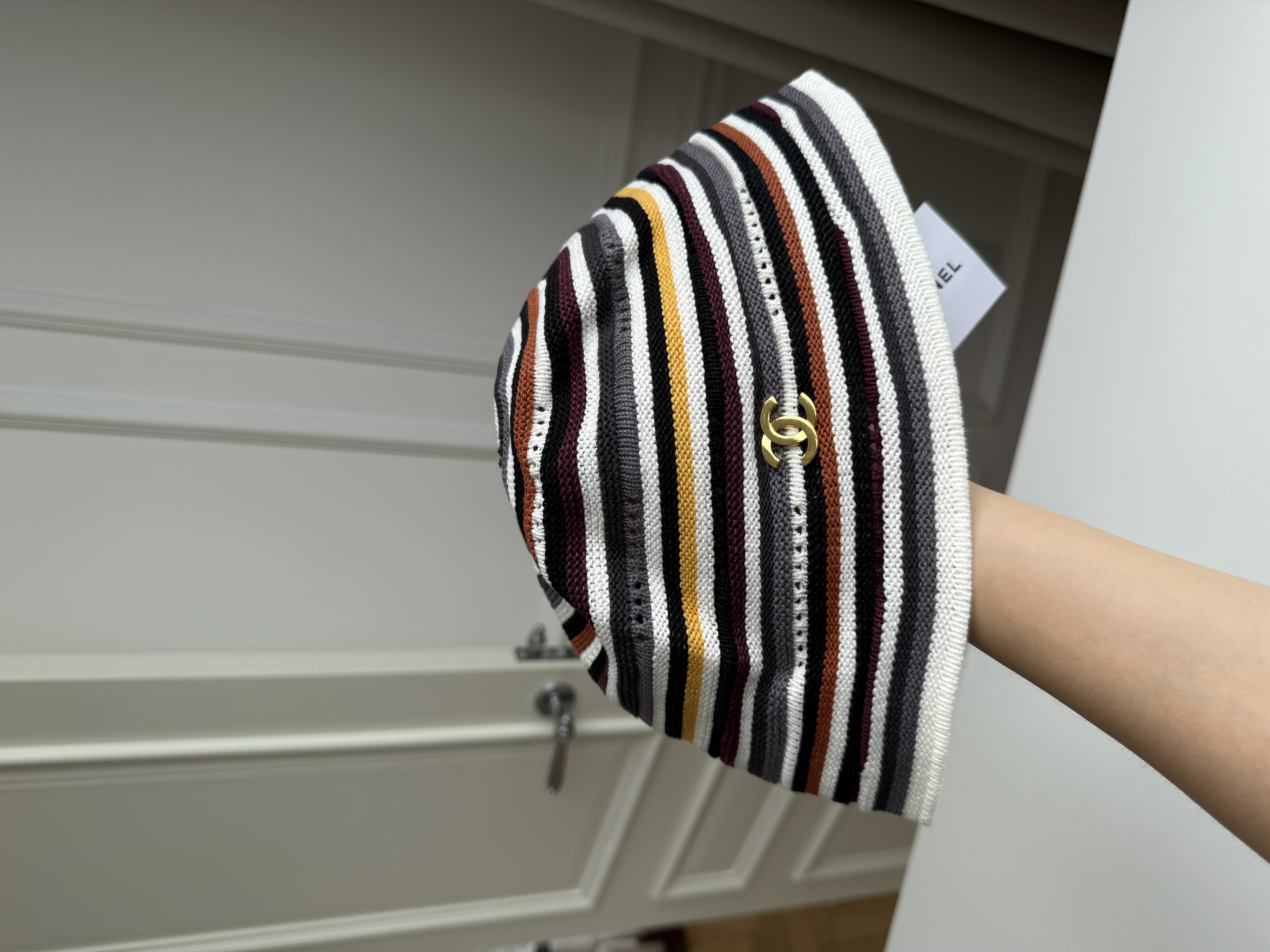 CHANEL Multicolor Striped Hollow Knit CC Logo Bucket Hat