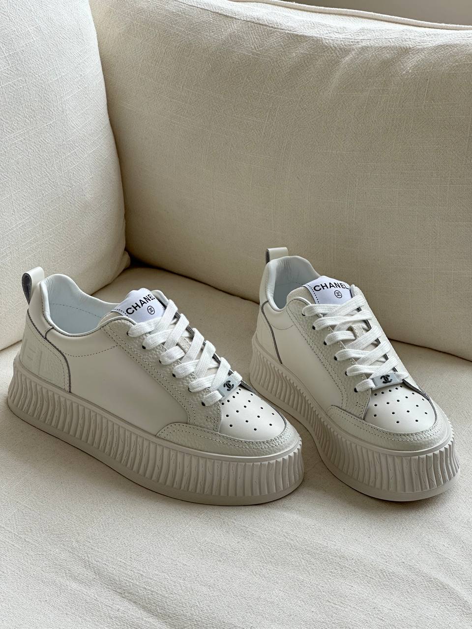 Chanel Off-white Mixed Leather Platform Cookie Sneakers