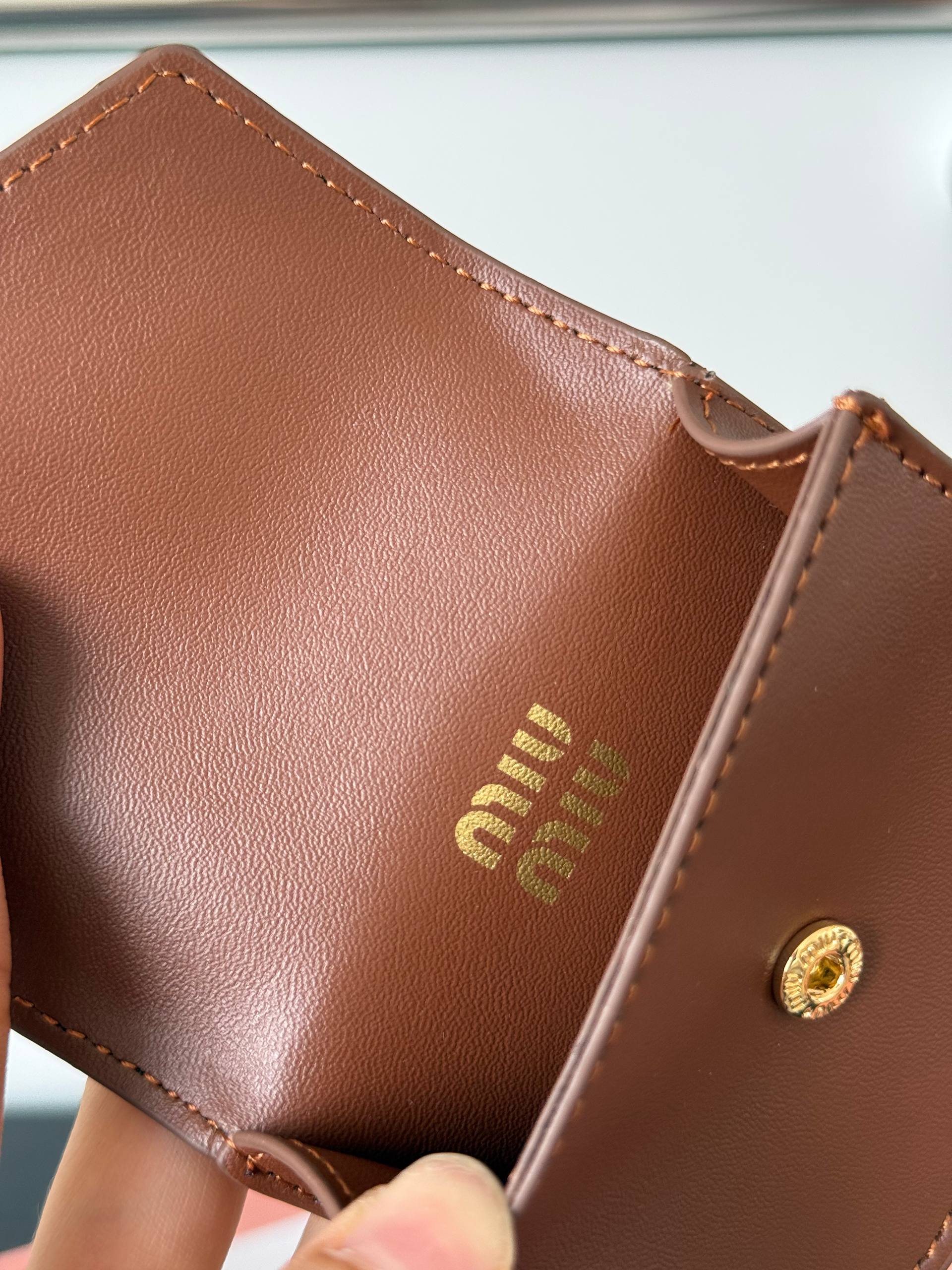 Miu Miu Brown Leather Envelope Card Holder With Gold Logo