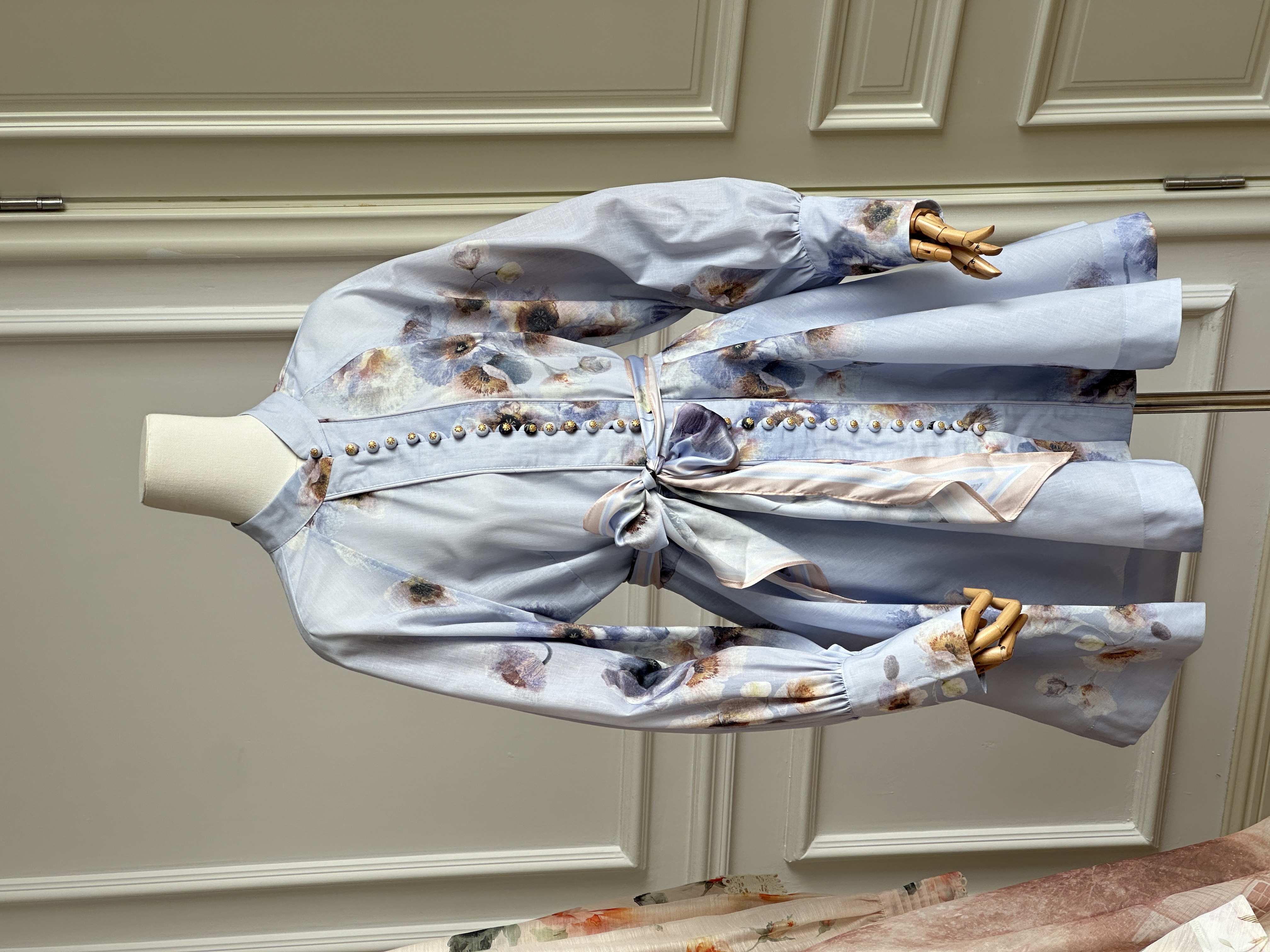 Stand Collar Watercolor Floral Gold Button Lantern Sleeve Waist-tie Shirt Mini Dress