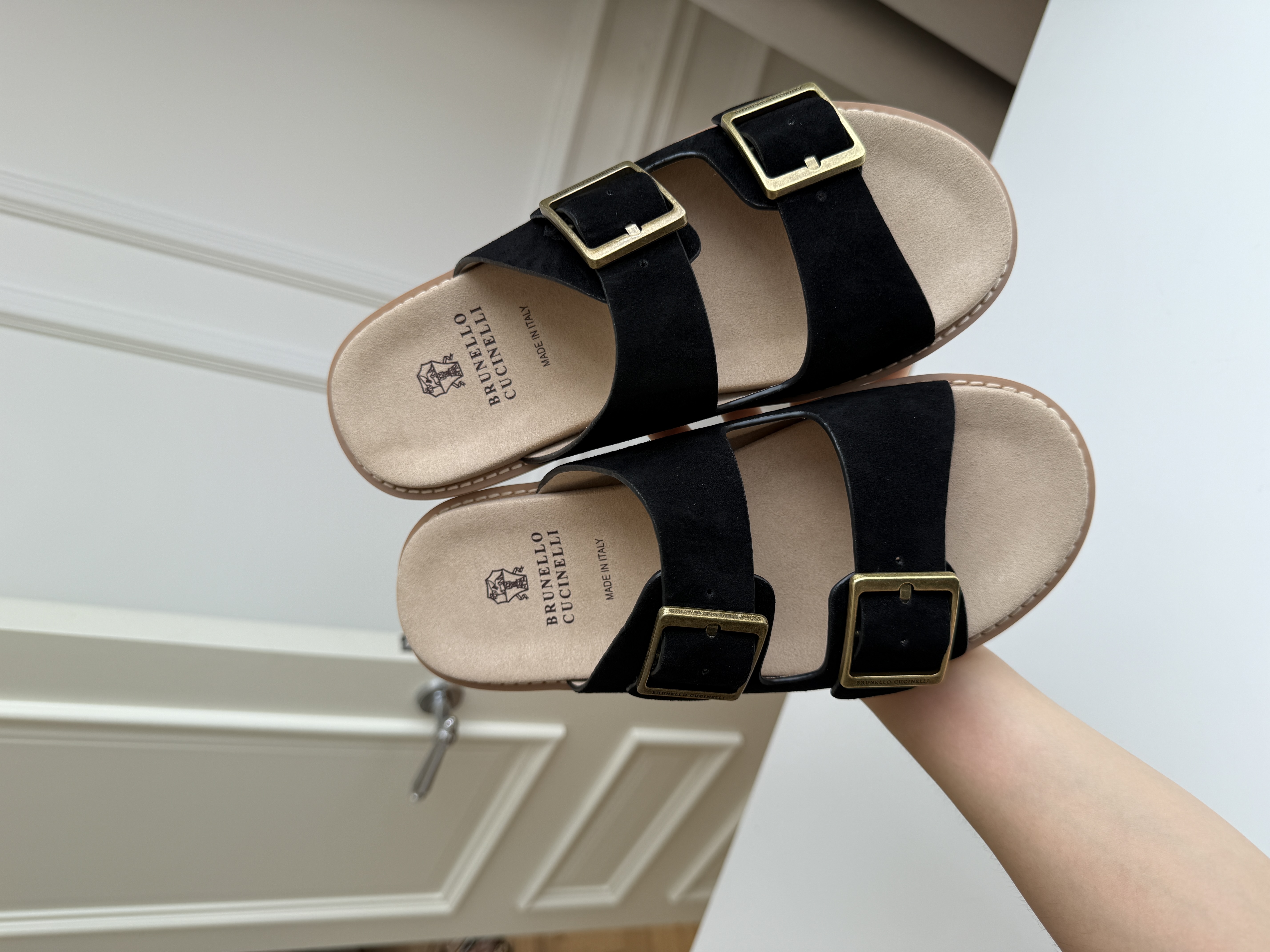Double-Buckle Suede Slide Sandals