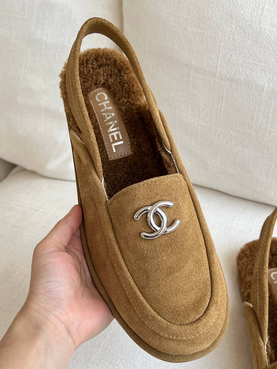CHANEL Shearling Lined Suede Slingback Loafer Mules