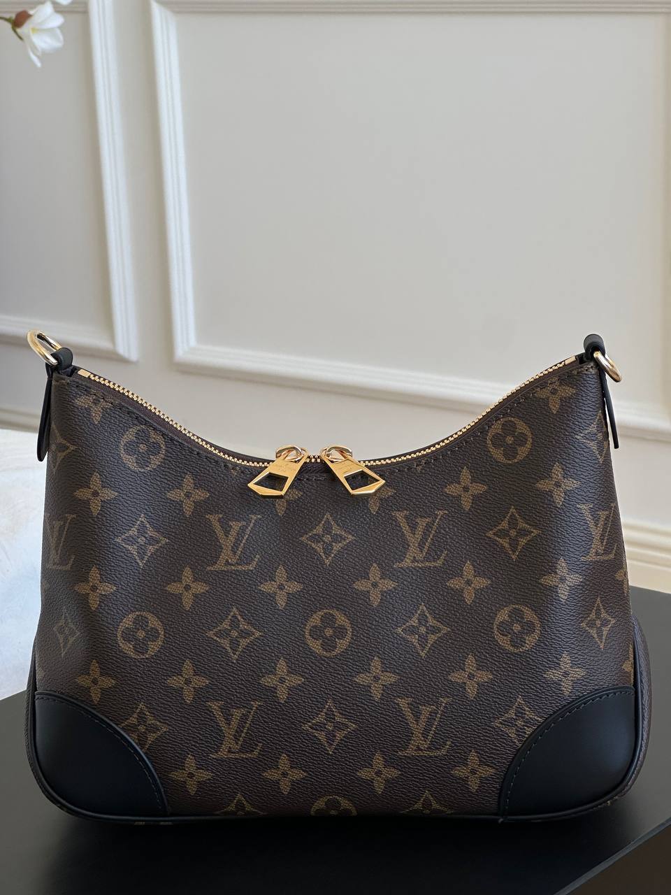 Louis Vuitton Monogram Canvas & Black Leather Double Zipper Hobo Crossbody Bag