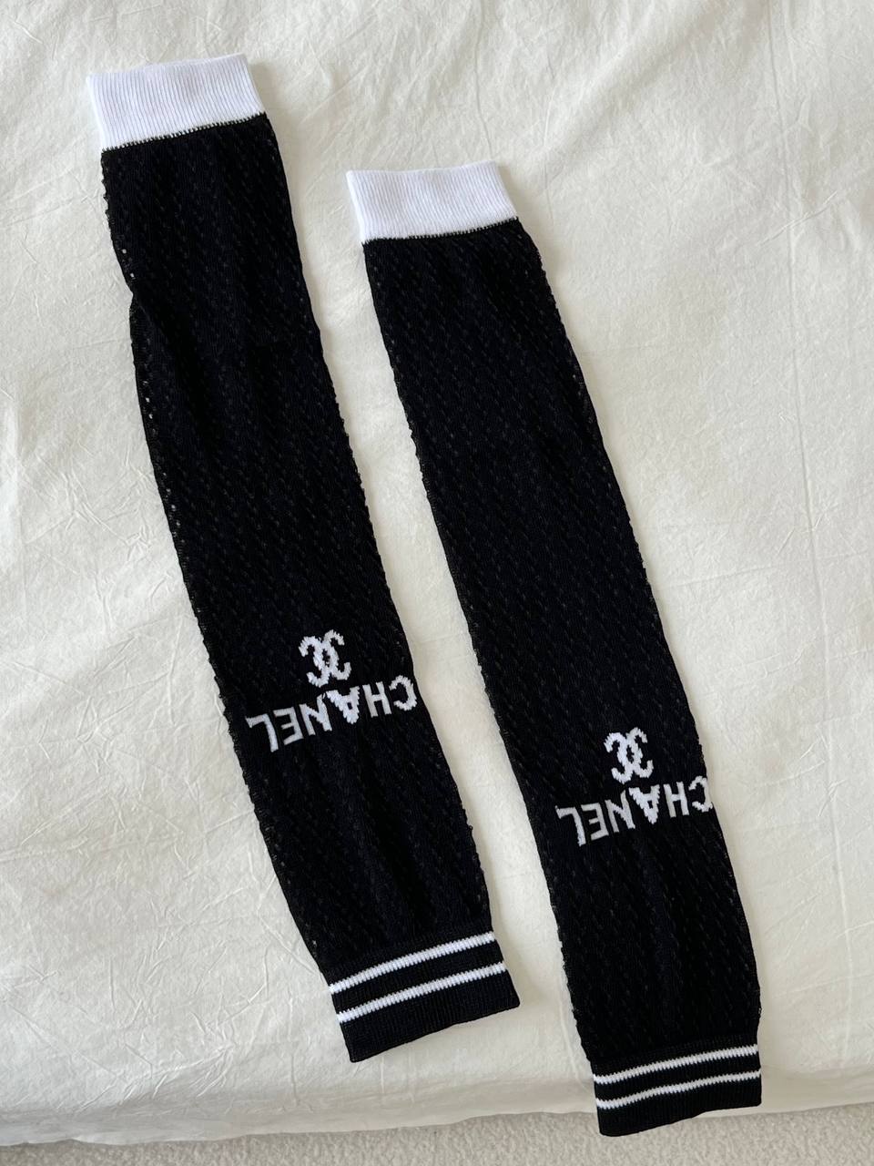 Chanel Black White Mesh Knit CC Logo Leg Warmers
