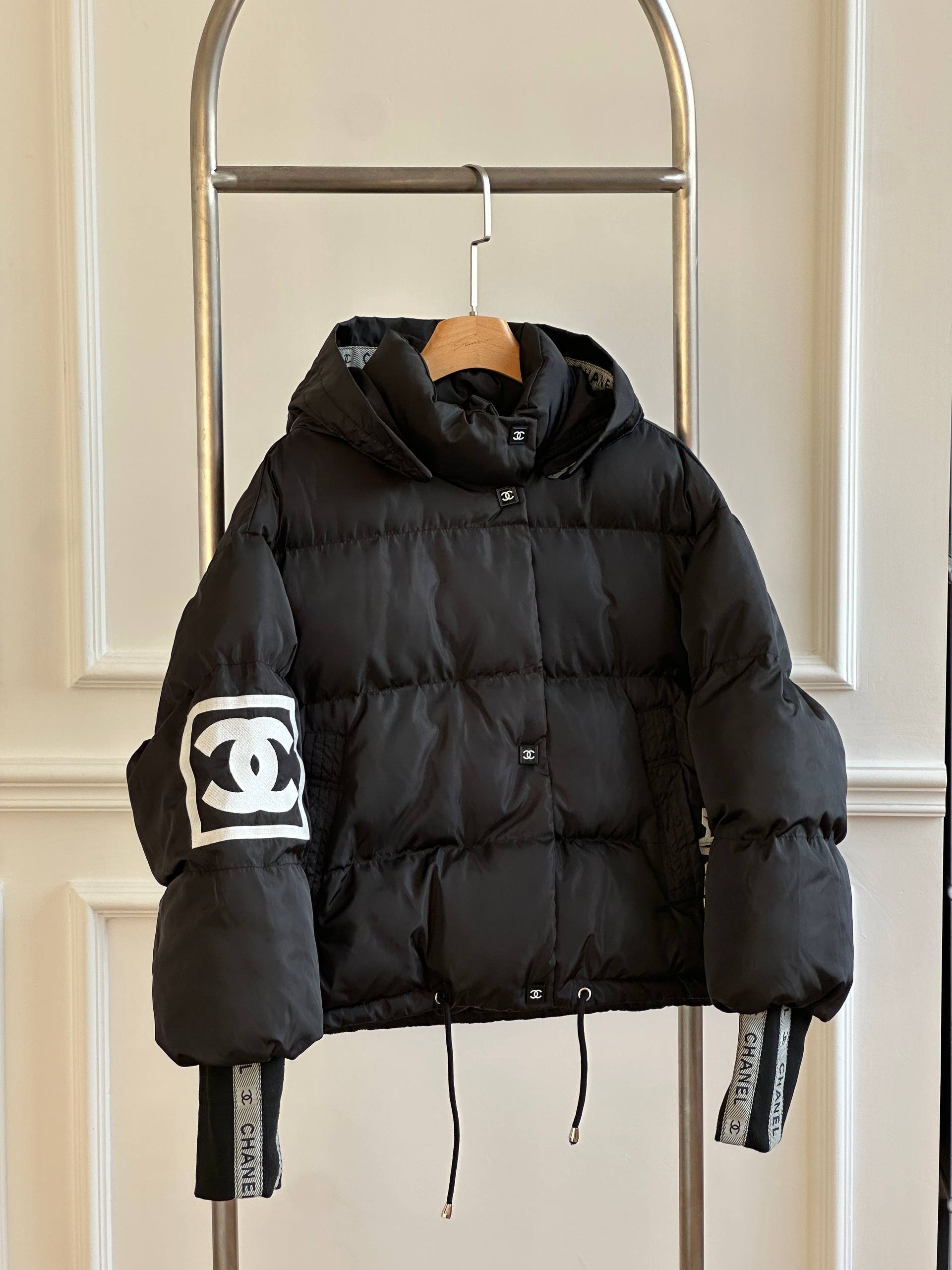 CHANEL Hooded Cropped Puffer Down Jacket with Square CC Patch & Logo Cuff Ribbons