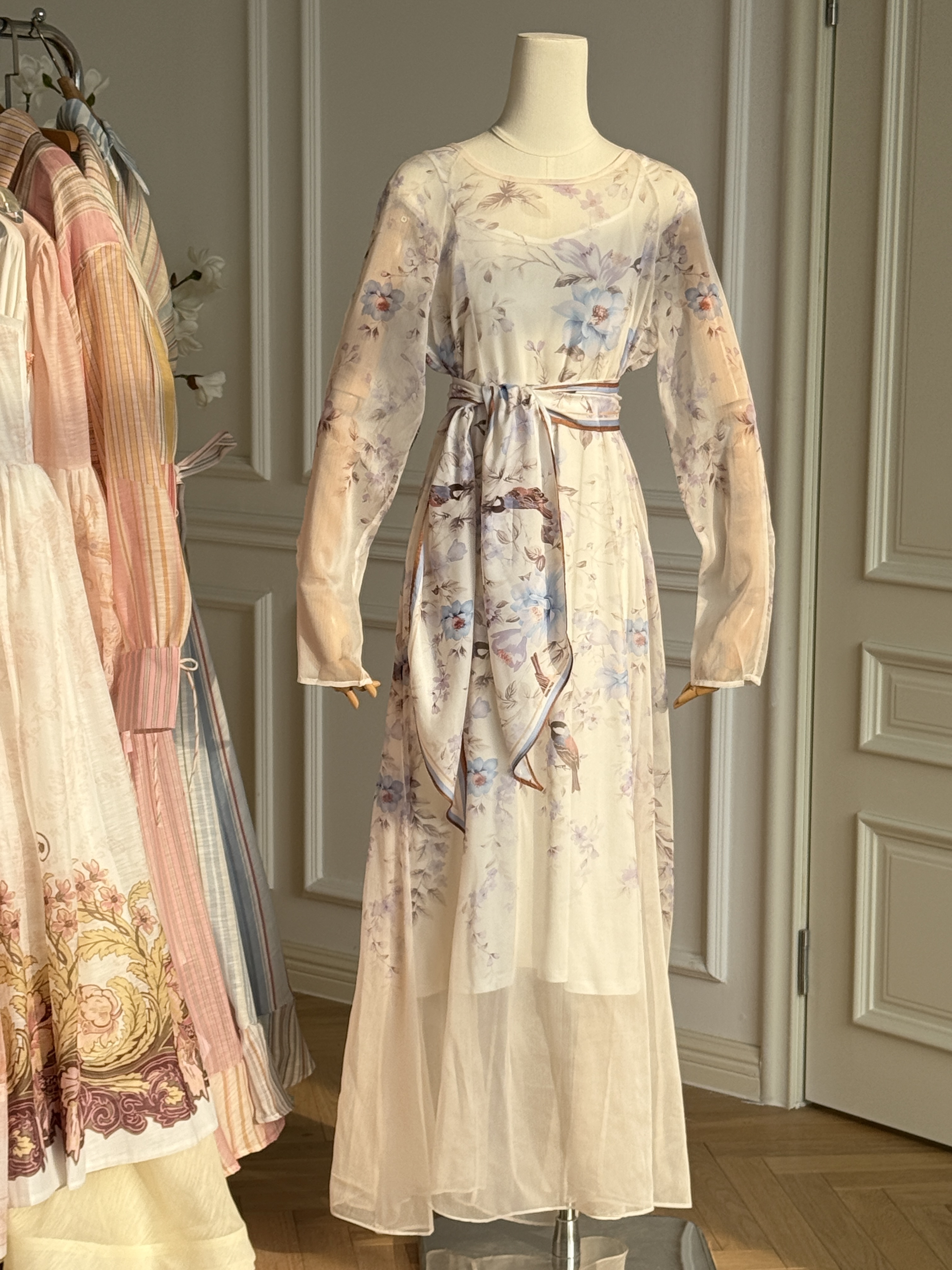 French Vintage Printed Waisted Spaghetti Strap Maxi Dress