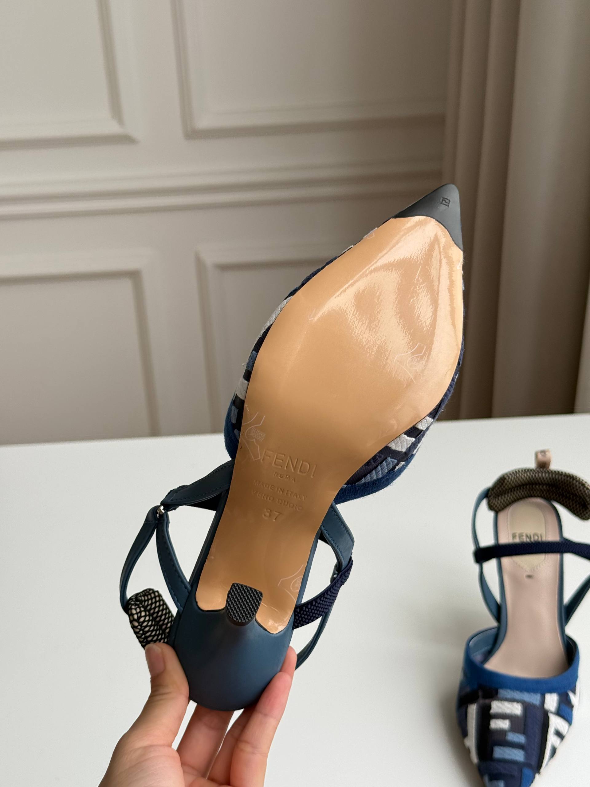 Fendi FF Logo Jacquard Pointed Toe Slingback Stiletto Sandals