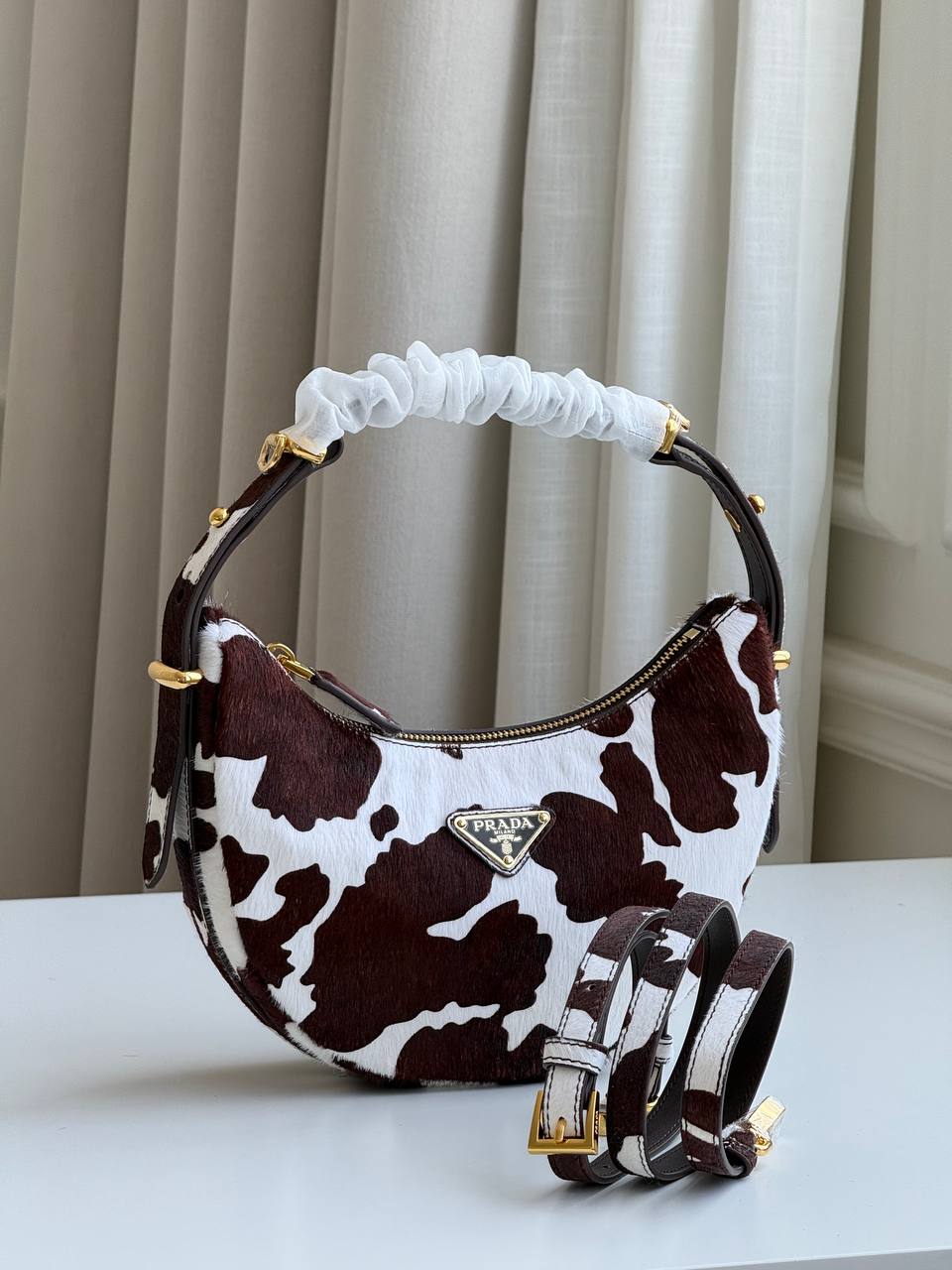 Prada Mini Cow-Print Calf Hair Arqué Shoulder Bag