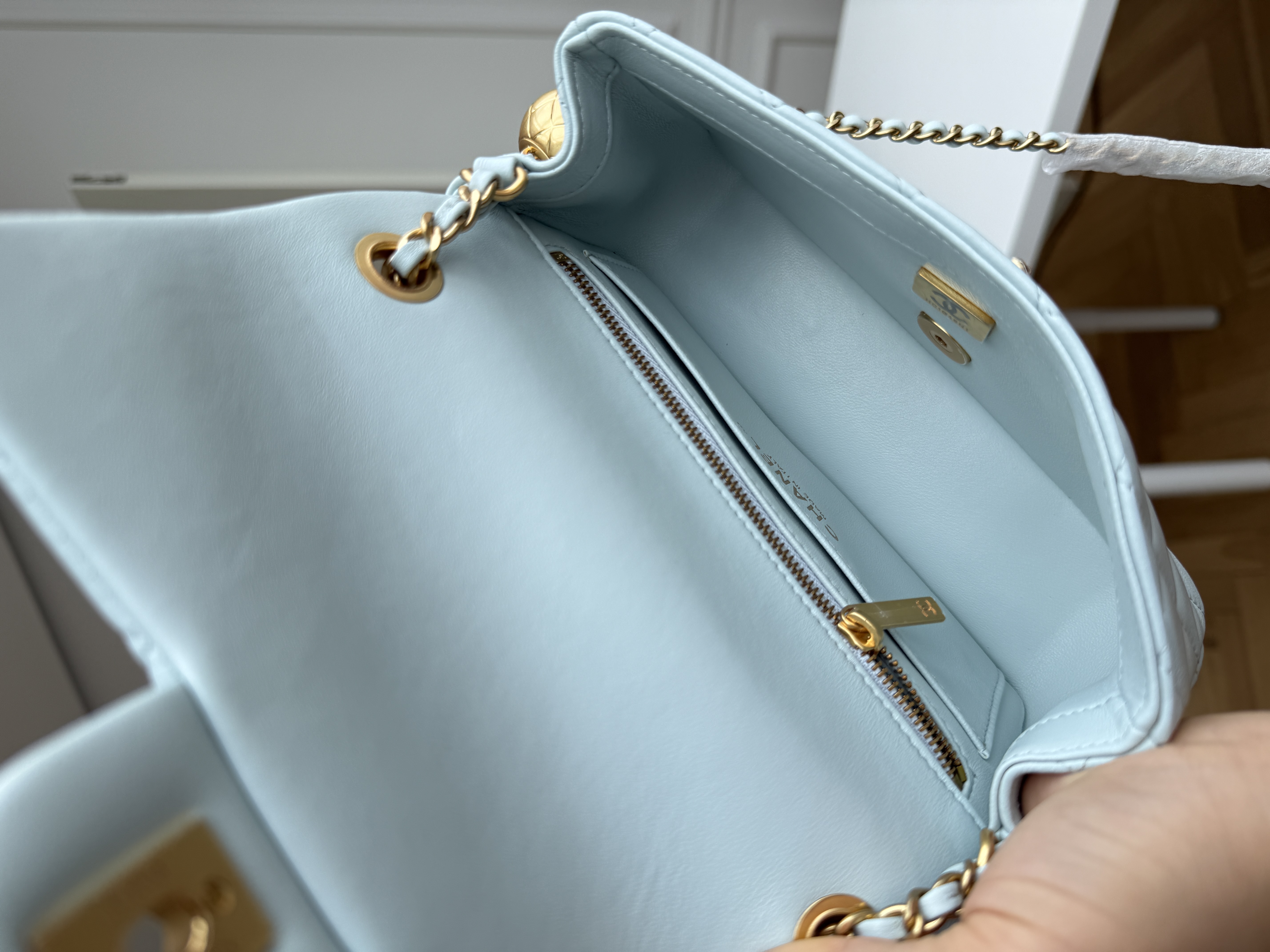Chanel Light Blue Caviar Leather Classic Flap Silver CC Chain Bag