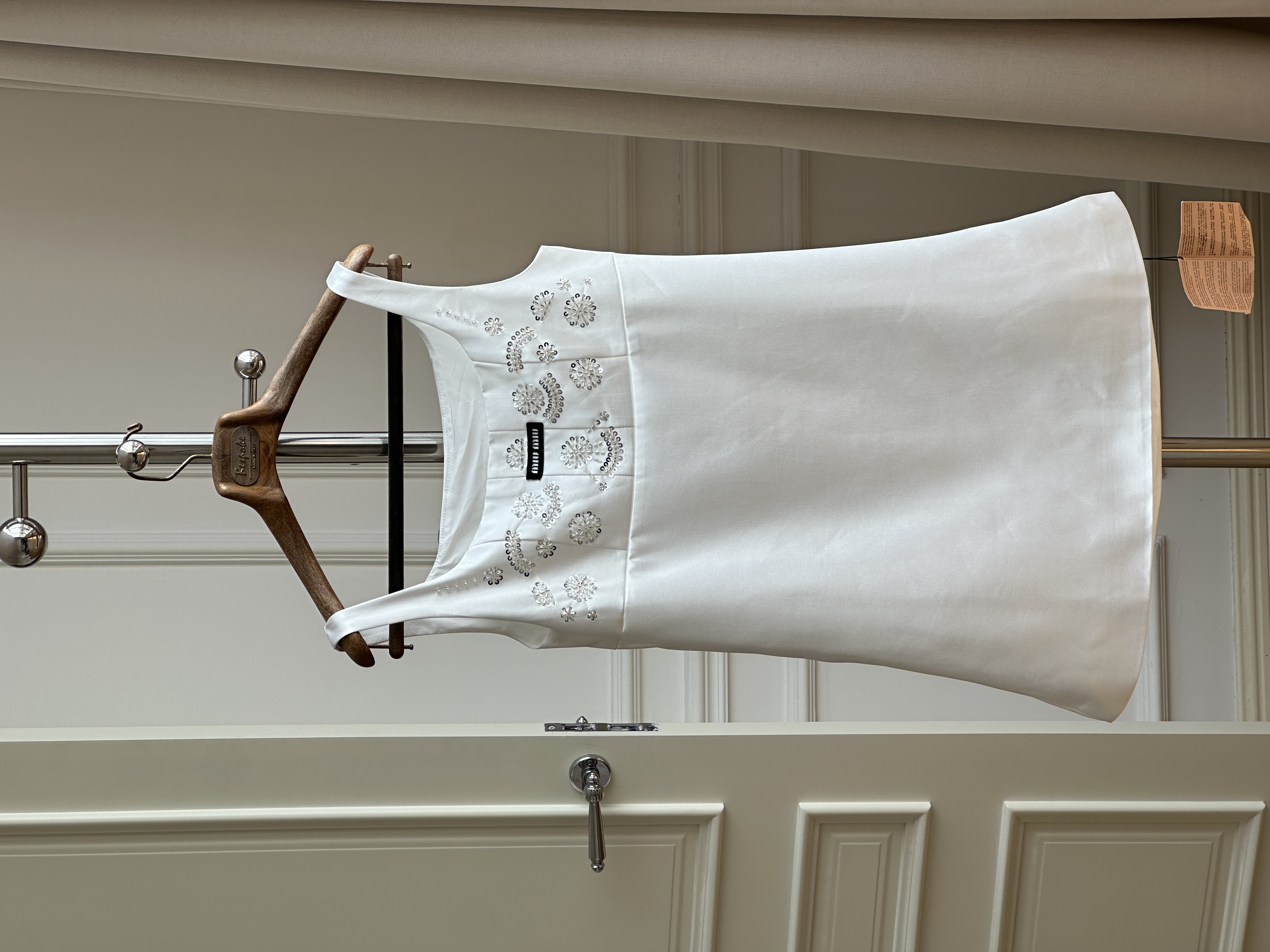 Miu Miu Solid White Square Neck Crystal Flower Embroidery A-Line Sleeveless Mini Dress
