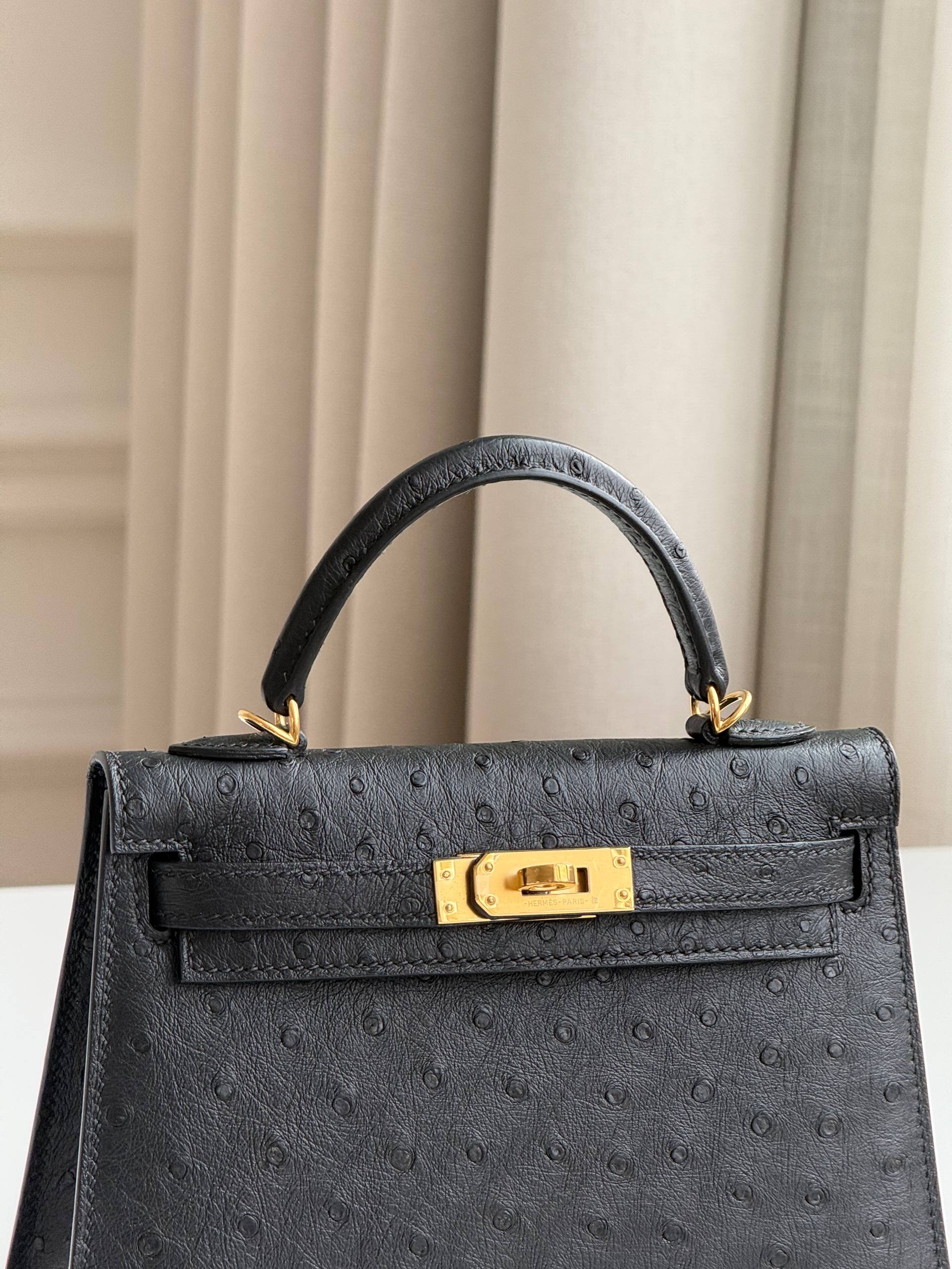 Mini Kelly 2 Ostrich Black Gold Hardware