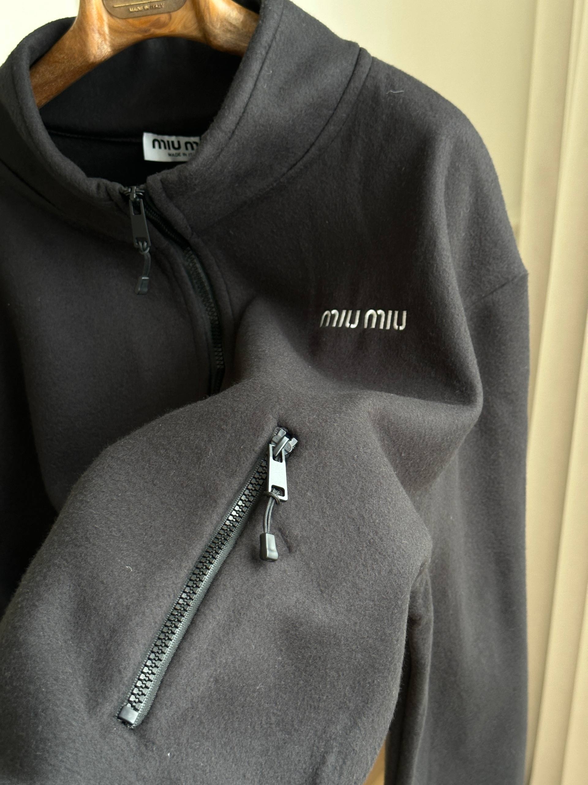 Miu Miu Black Stand Collar Fleece Zip Jacket with Front Embroidery Logo