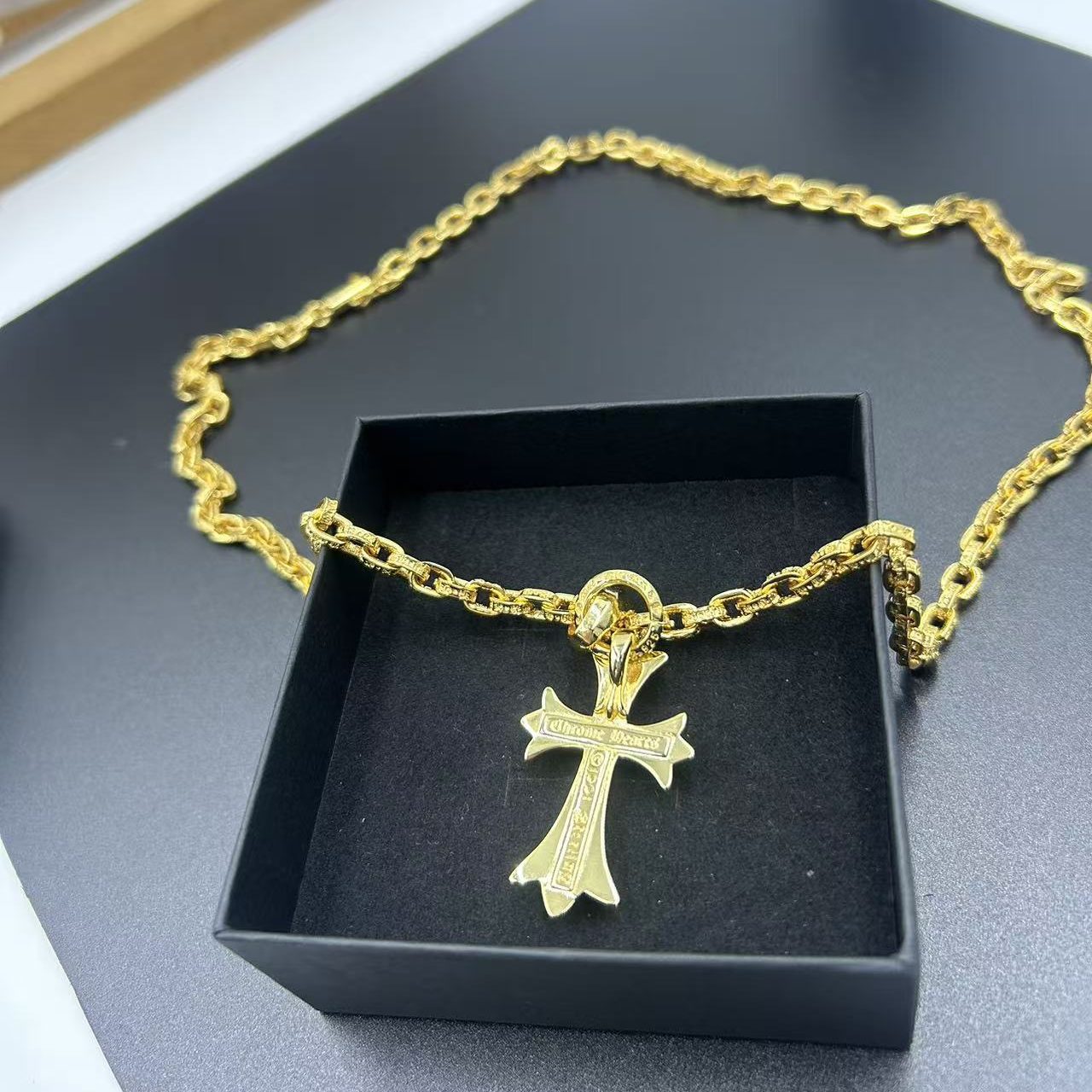 CHROME HEARTS 22K GOLD GREEN DIAMOND CROSS NECKLACE