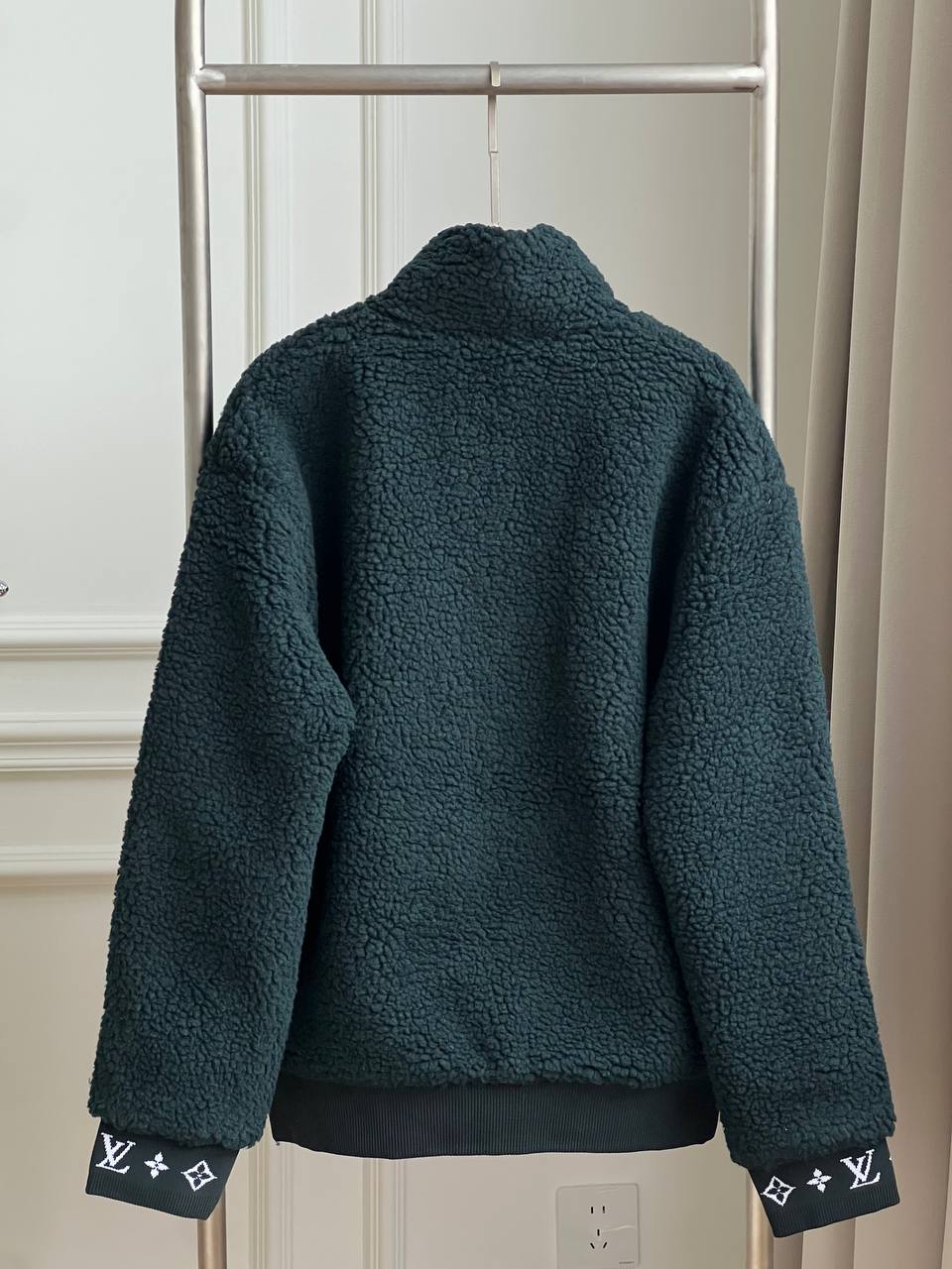 Louis Vuitton Dark Green Stand Collar Teddy Fleece Zip Jacket With Leather Logo Patch