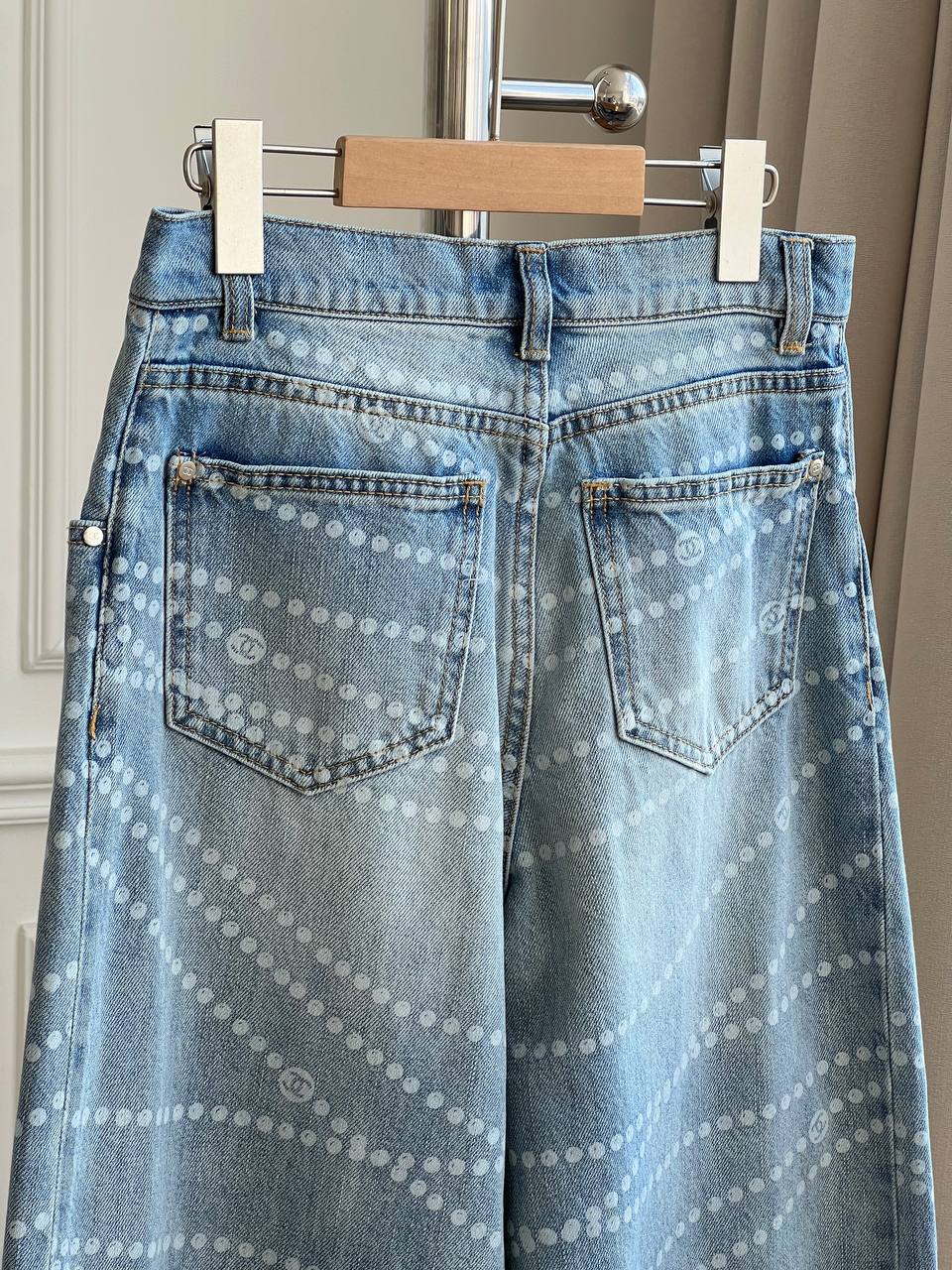 Wave Dot Printed High Waist Wide Leg Washed Denim Jeans