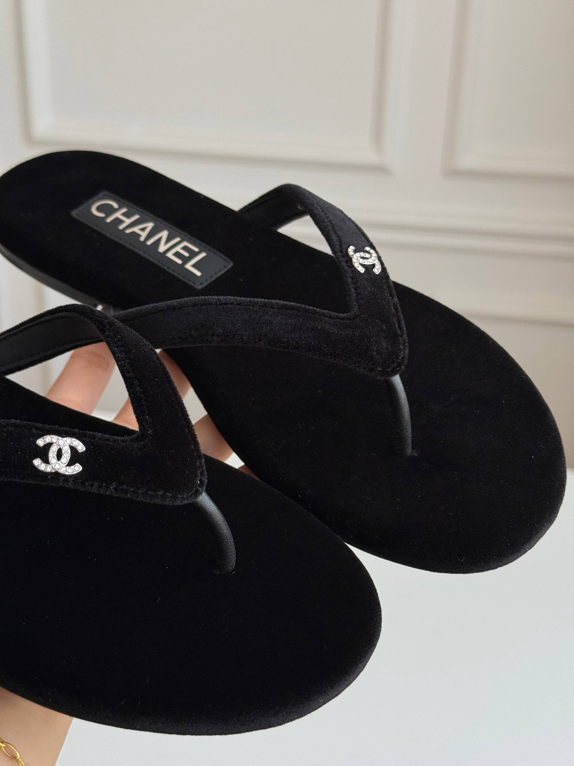 Chanel Velvet Crystal CC Logo Flip Flops