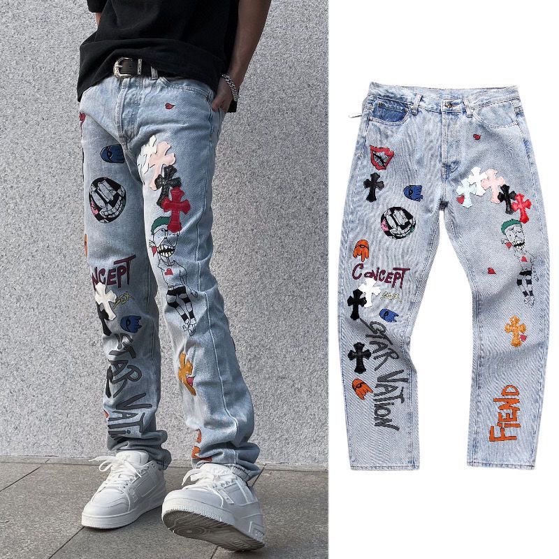 cross hand-painted cartoon straight leg jeans
