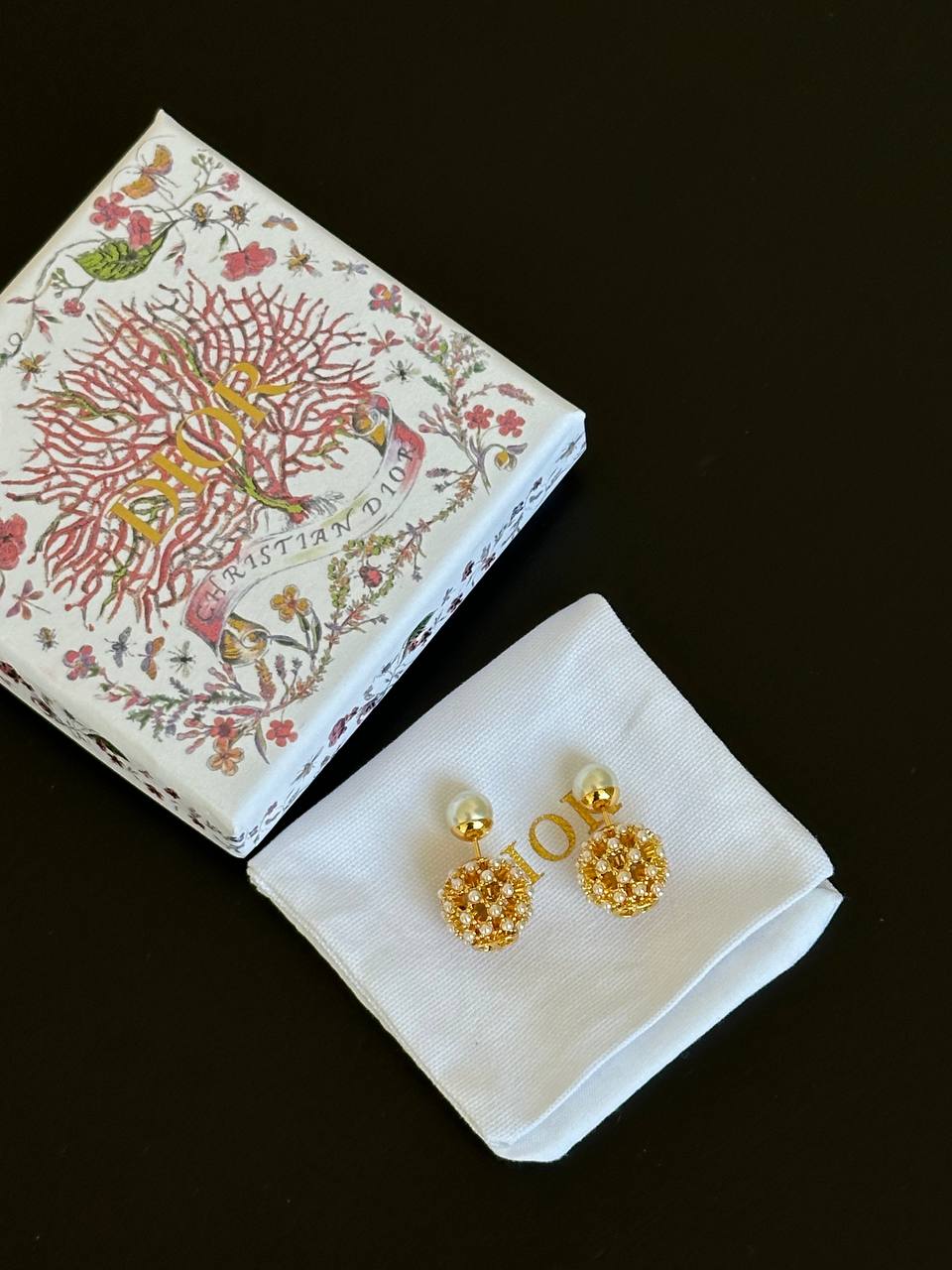 Dior Vintage Gold Plated Firework Ball Pearl Embellished CD Logo Stud Earrings