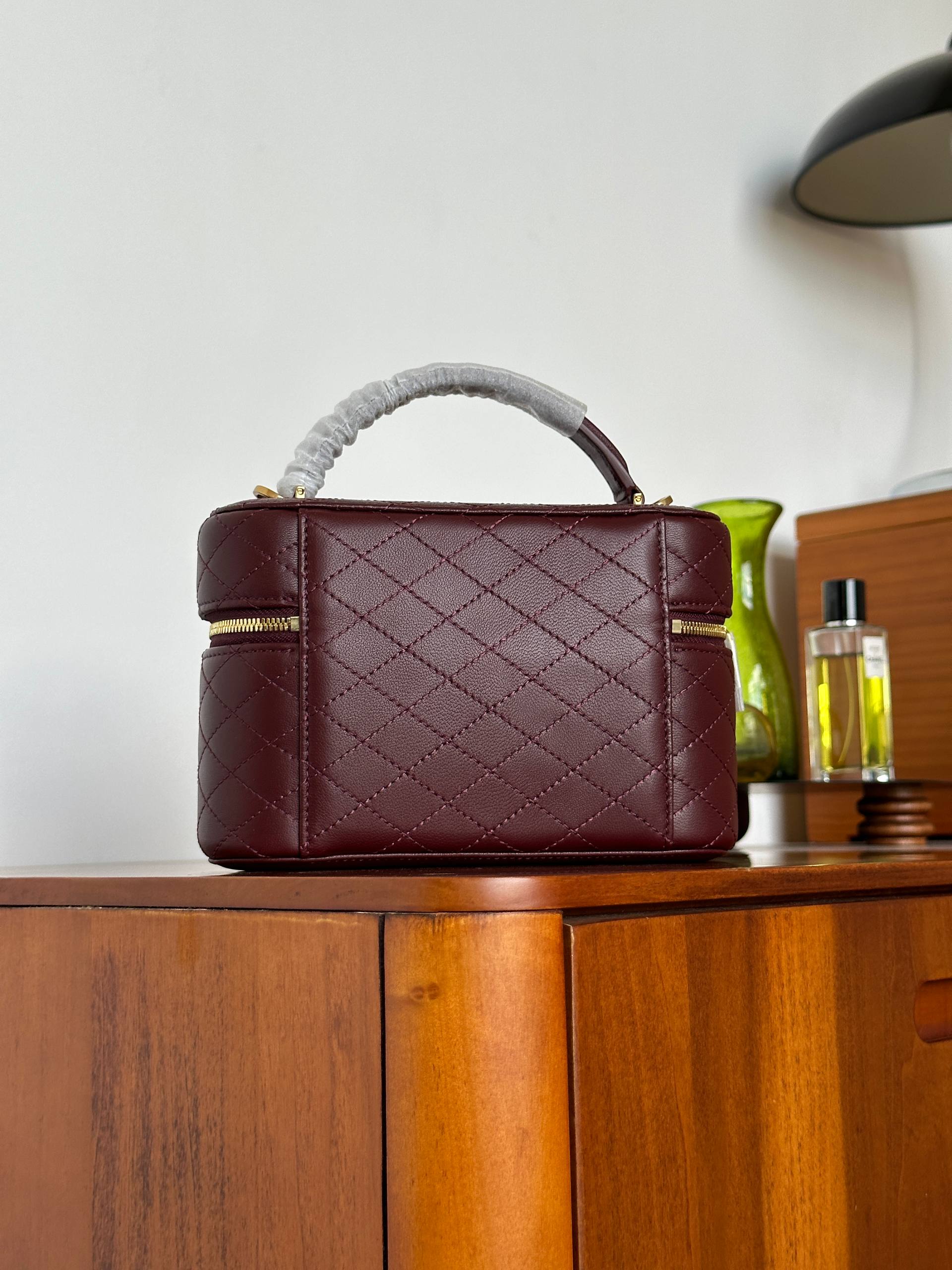 Yves Saint Laurent Burgundy Quilted Lambskin Mini Vanity Top Handle Bag