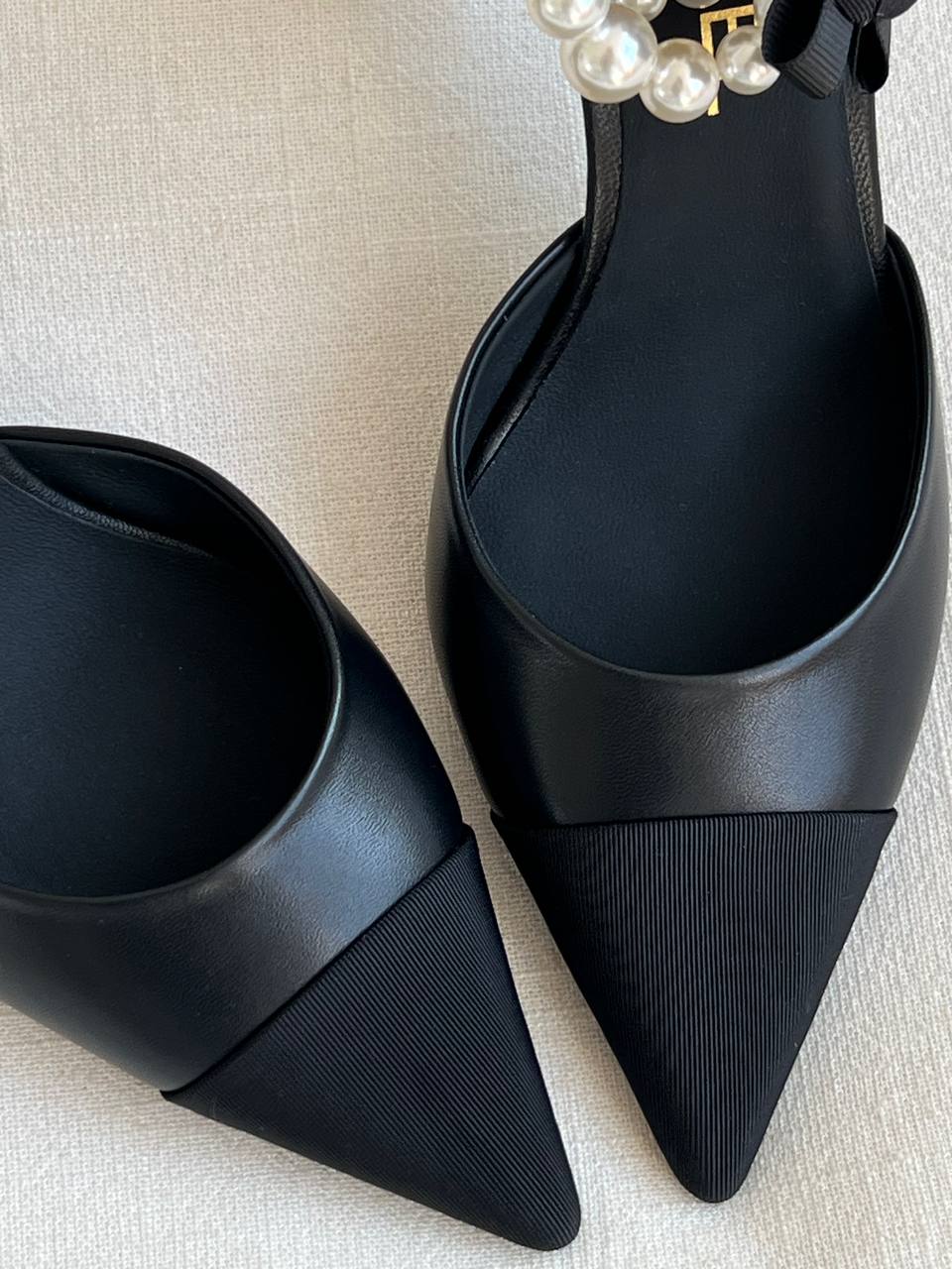 CHANEL Black Leather Satin Camellia Pearl Chain Slingback Pointed Stiletto Sandals