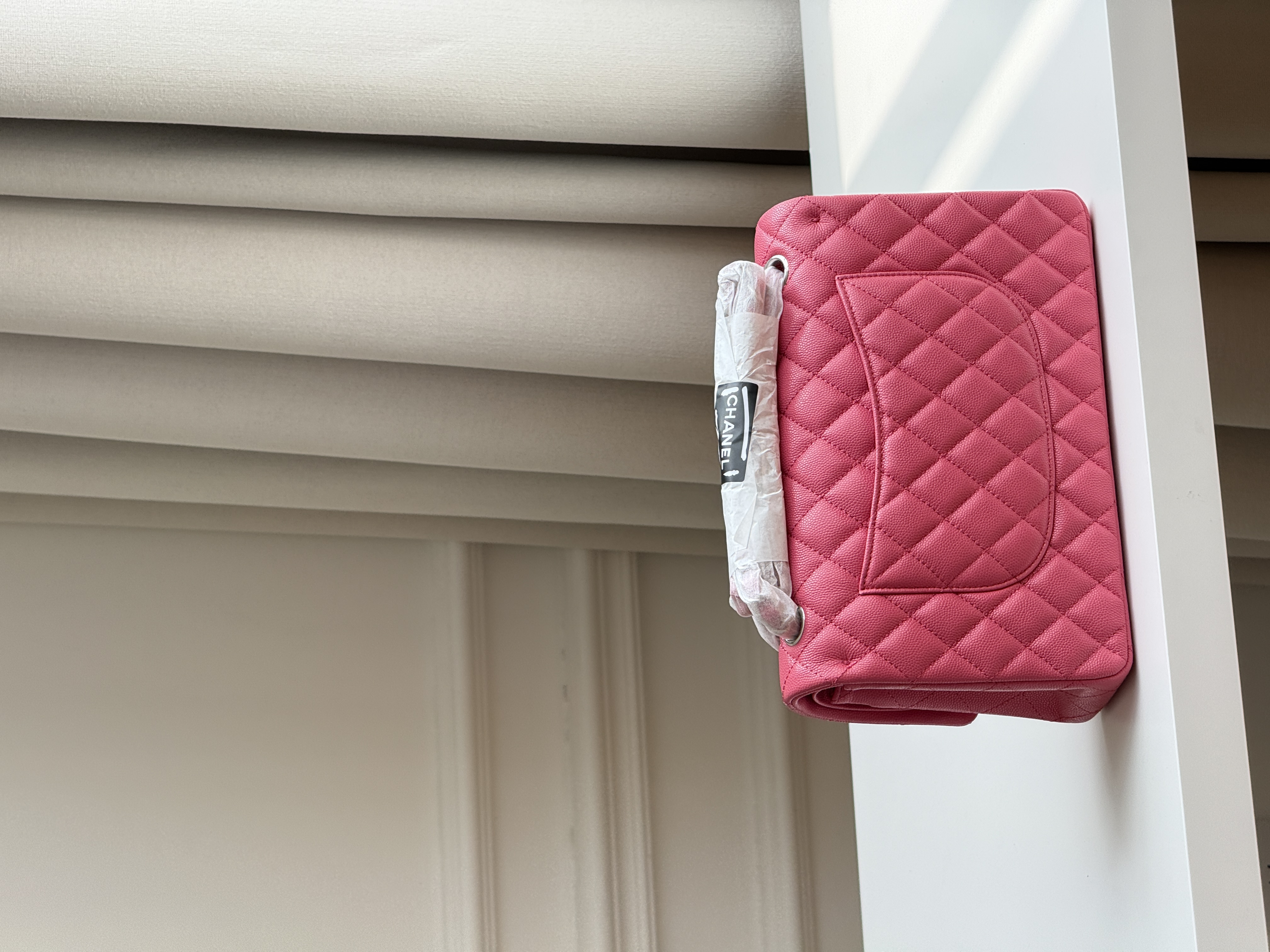 Chanel Medium Classic Flap Hot Pink Caviar Leather Diamond Quilt Silver Turn-Lock CC Chain Crossbody Bag